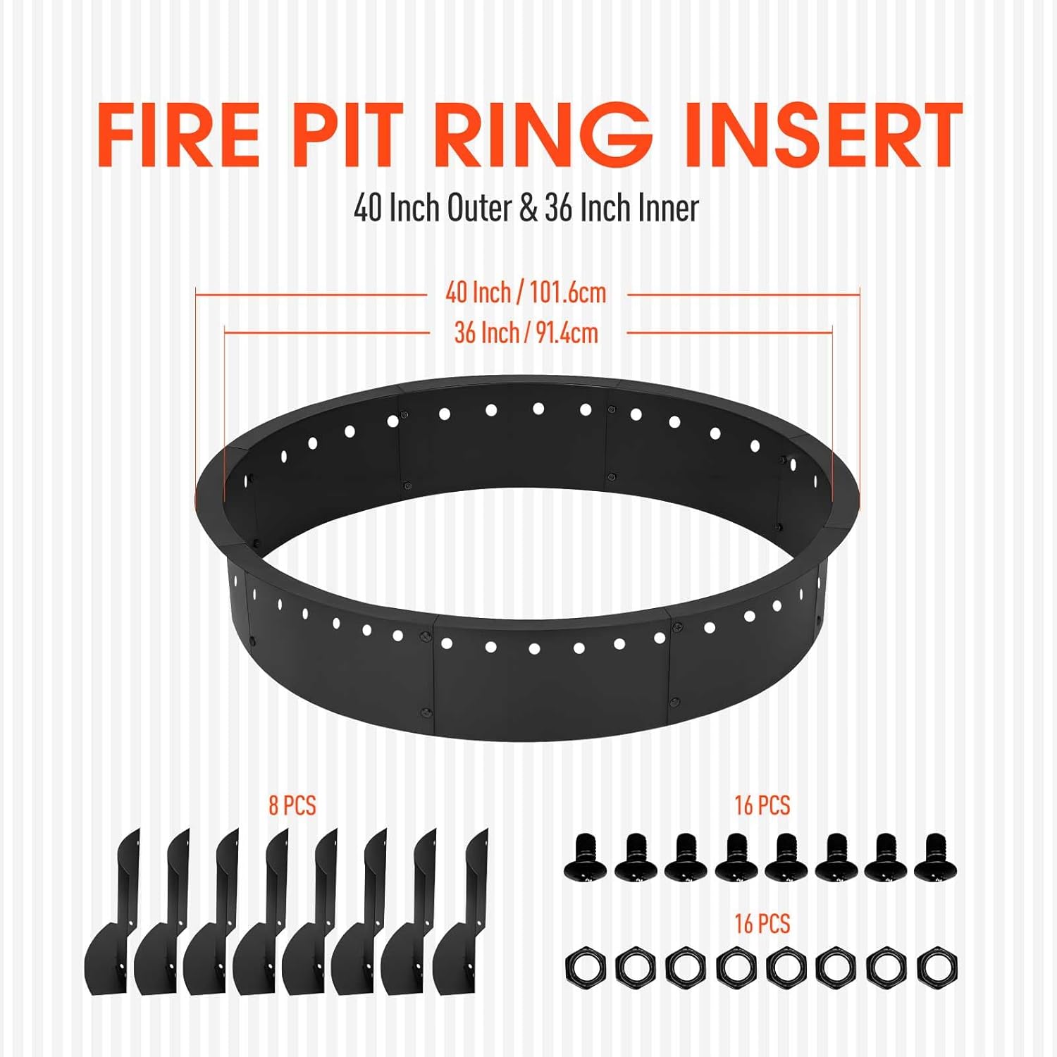 2 Pack Outdoor Smokeless Fire Pit Ring Liner 40-Inch Outer/36-Inch Inner Diameter, Heavy Duty Metal Steel Round Firepit Rim Insert for Outside DIY Campfire Ring Above or In-Ground