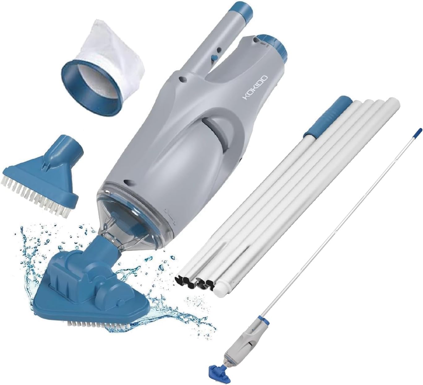 KOKIDO Rechargeable Handheld Hot Tub Spa Pool Vacuum, IPX8, Aluminum Pole and 2 Brush Heads, Cordless, Ideal for Light-Duty Spot Cleaning Spas and Small Pools up to 20ft, 60-min, Sand and Debris XV110