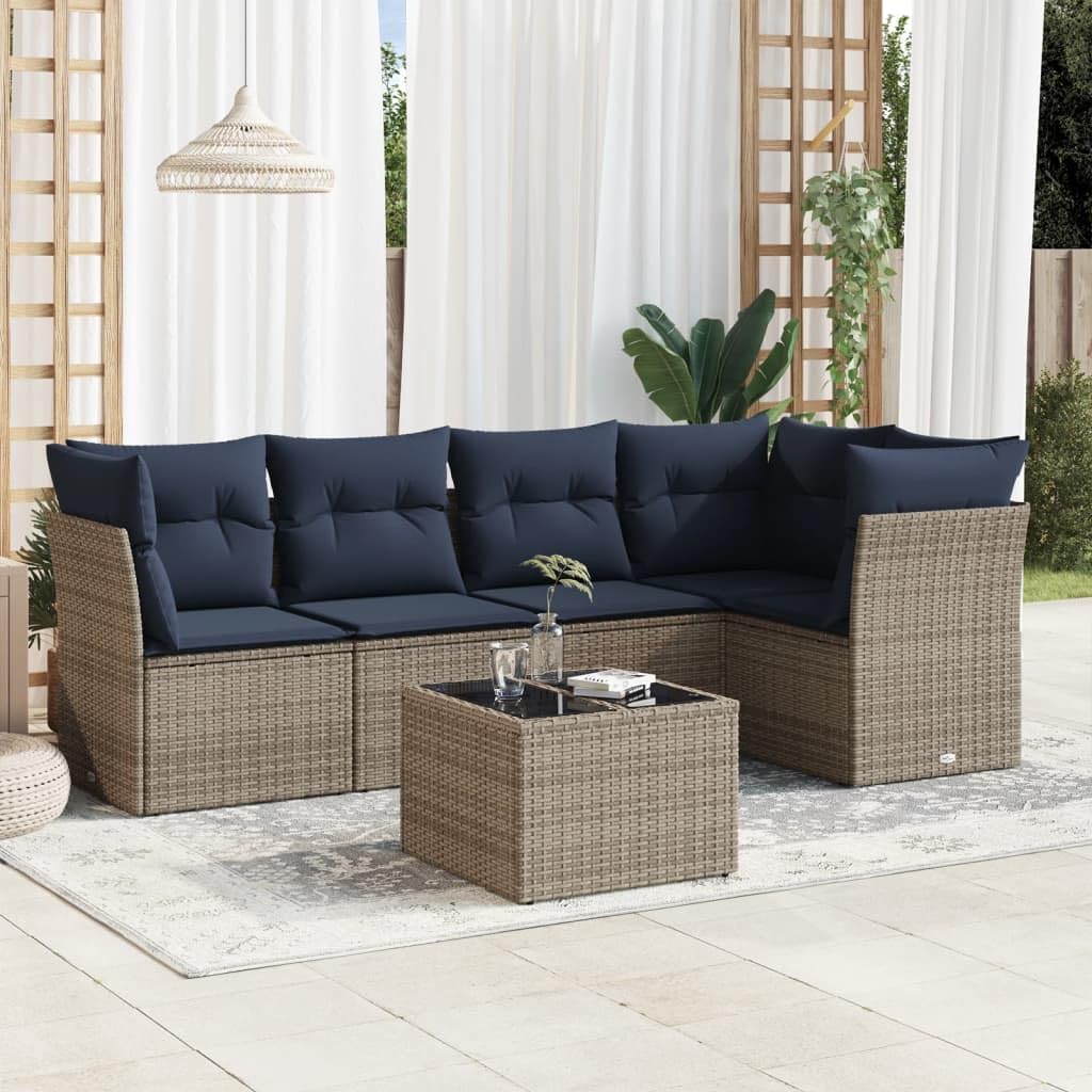 6 Piece Patio Sofa Set with Cushions, Gray Poly Rattan Outdoor Furniture, Modular Garden Seating with Tempered Glass Table, Balcony Furniture