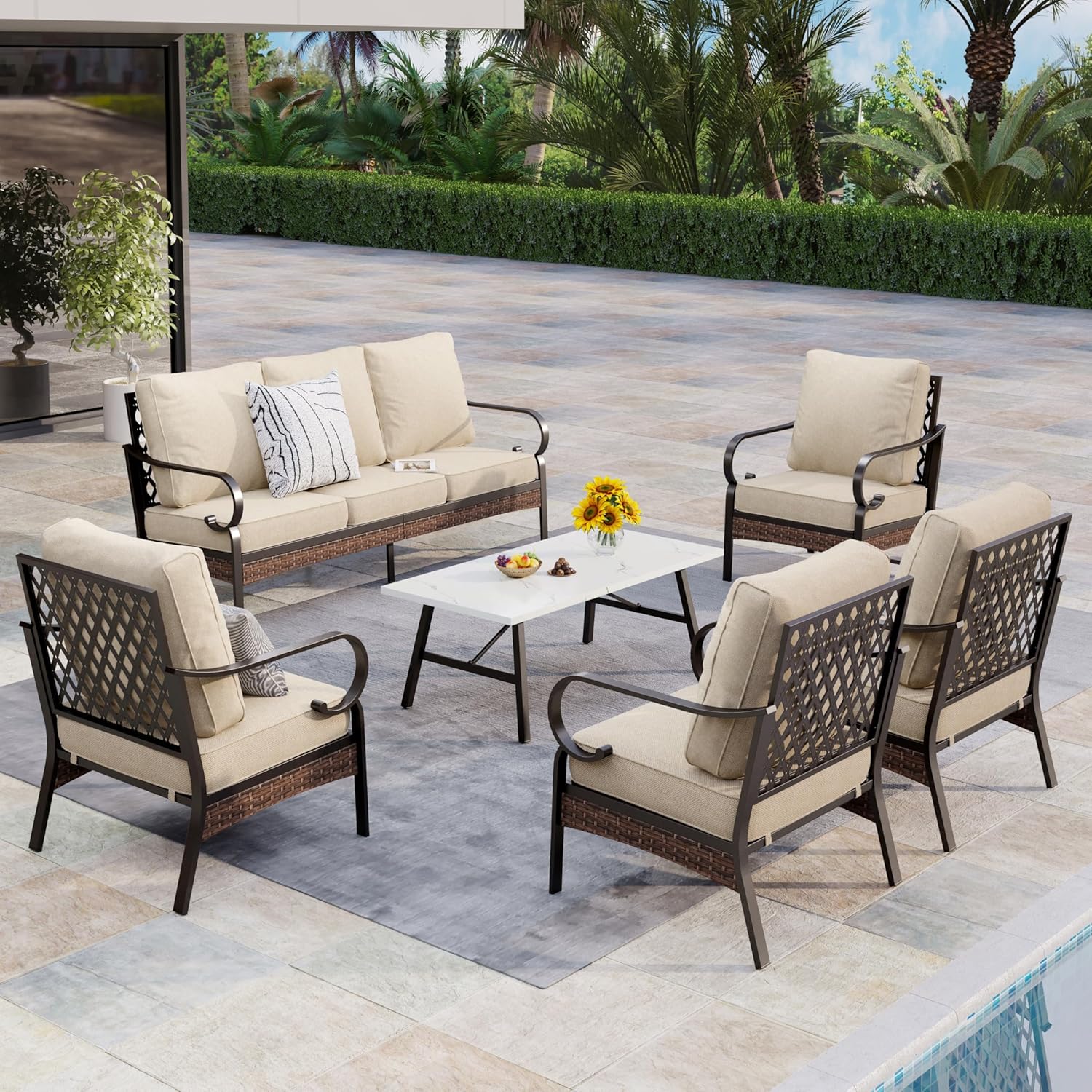 Patio Furniture Set with Coffee Table, Outdoor Conversation Set with 4 x Fixed Chairs, 1 x 3-Seat Sofa for Lawn Garden Backyard, Beige