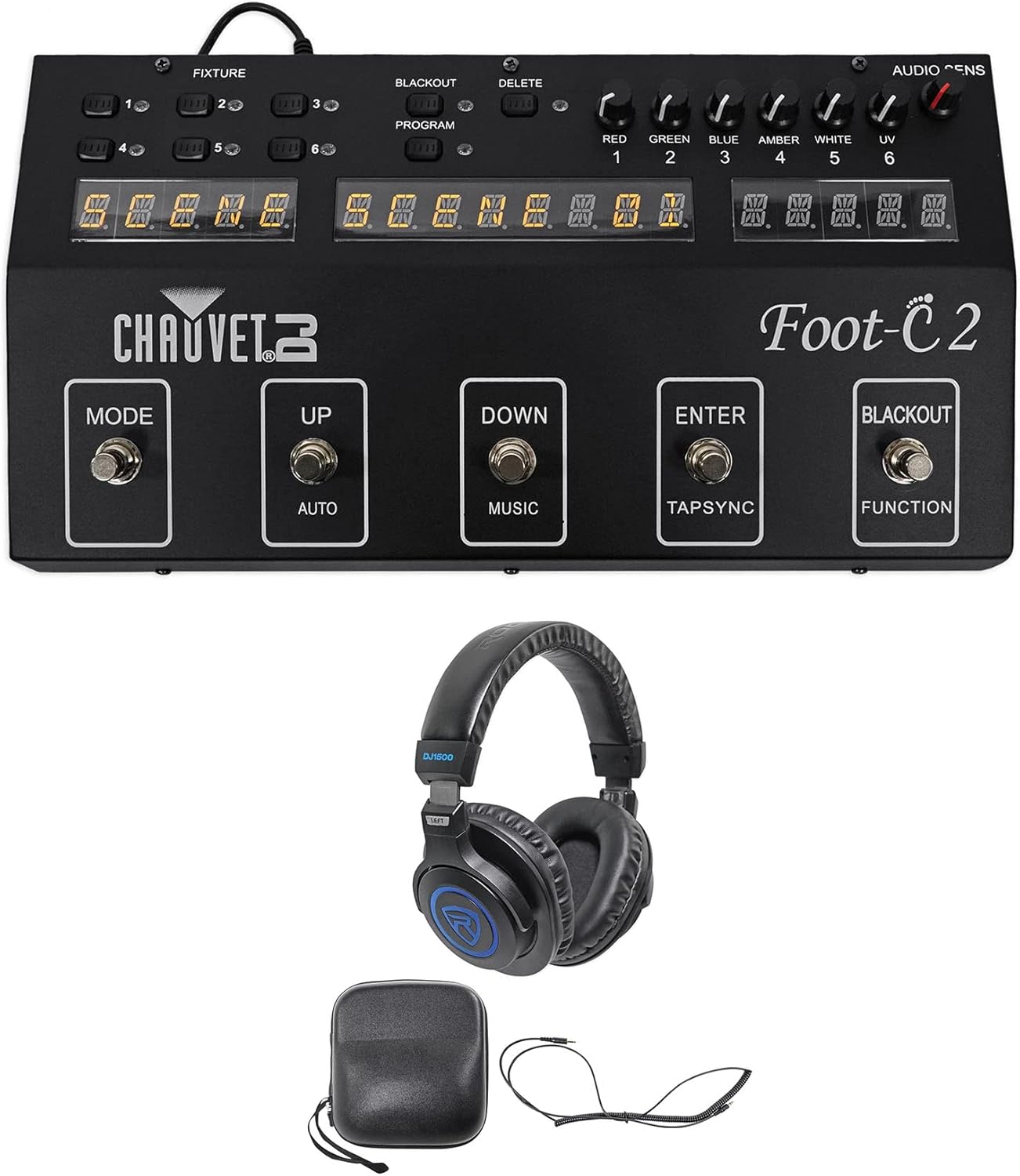 Chauvet DJ Foot C-2 36-Channel DMX Foot Controller w/MIDI Input+LCD Display Bundle with RockvilIe DJ1500 DJ Headphones w/Detachable Coil Cable, Case+Extra Ear Pad