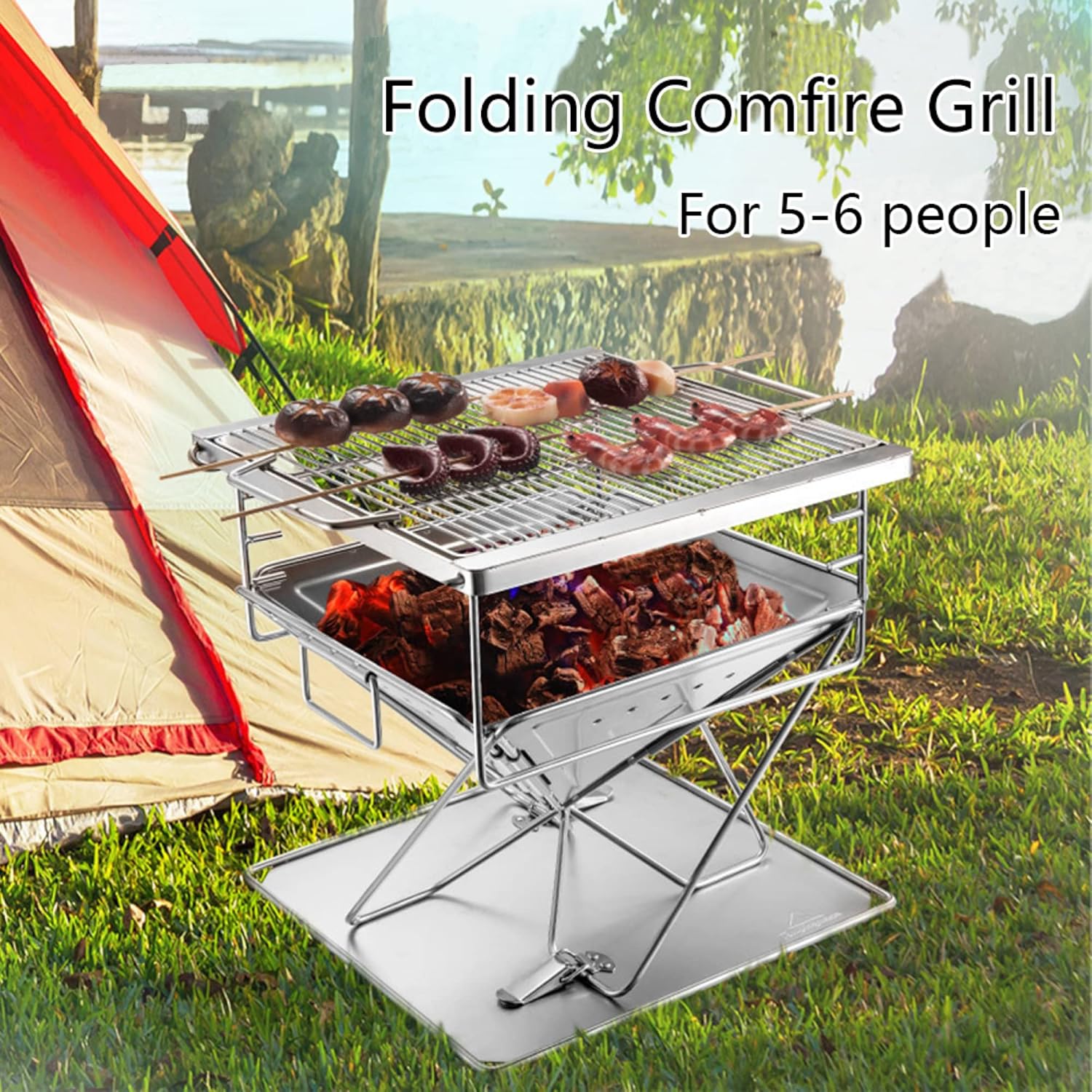 Folding Campfire Grill Outdoor Charcoal Barbecue Rack Stainless Steel Portable Camping Fire Pit Wood Burner Stove with Carrying Bag for Travel Picnic Garden