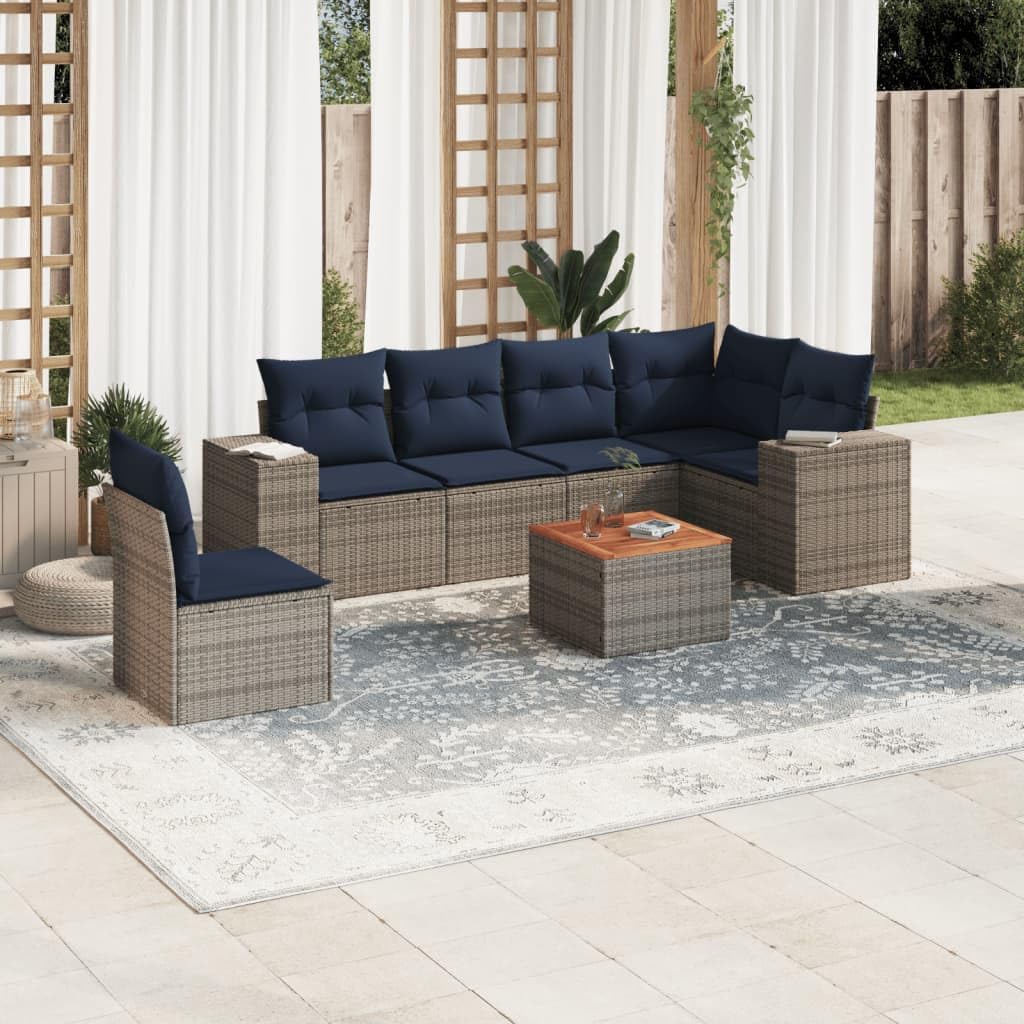 7 Piece Gray Poly Rattan Patio Sofa Set with Navy Cushions, Modular Outdoor Furniture, Acacia Wood Tabletop, UV-Proof for Garden, Deck