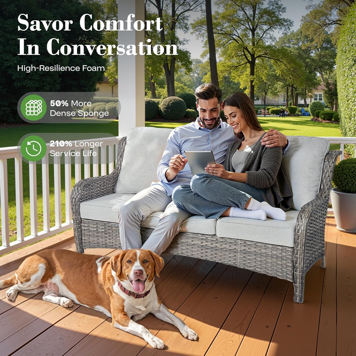 7 Pieces Patio Furniture Set with Fire Pit Table,Outdoor Furniture with Swivel Rocking Chairs,Outside Wicker Conversation Sets with Comfy Cushions,Grey