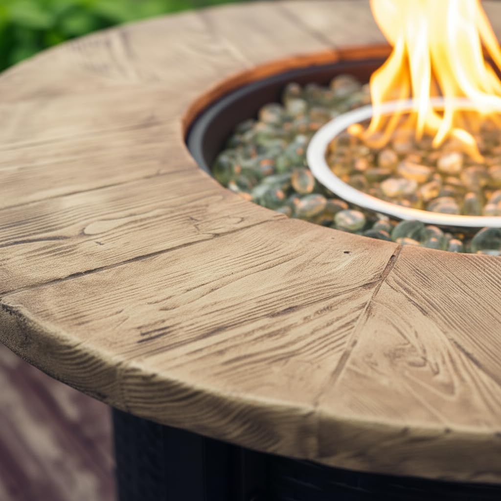30-Inch Round Propane Fire Pit Table, 50,000 BTU Outdoor Gas Fire Table with Wood Grain Top, Black Steel Base, Hidden Tank Storage, Glass Beads for Patio Deck Backyard