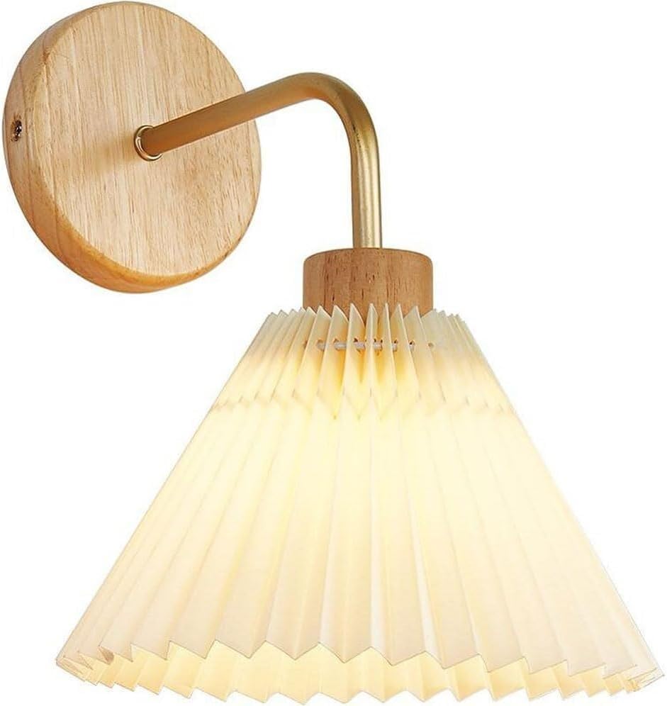 Wall Lamp Sconce Wall Light Pleated Lampshade Design Gold Metal Wall Lantern Bedroom Bedside Decoration Solid Wood Base, Can Be Used for Bedroom Living Room