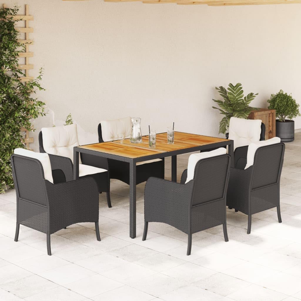 6-Seater Garden Dining Set, Black Poly Rattan Acacia Wood Outdoor Patio Furniture Set, Rectangular Dining Table and Chairs for Backyard Balcony, UV-Resistant