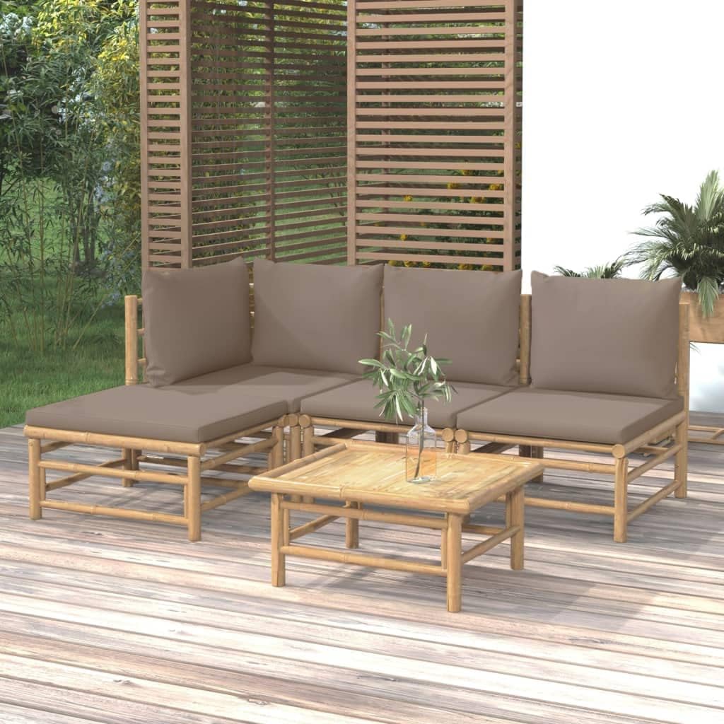 5 Piece Patio Lounge Set with Taupe Cushions Bamboo,Bamboo Patio Lounge Set: Durable, Comfortable, and Modular Outdoor Furniture Patio Furniture, Outdoor Furniture Sets