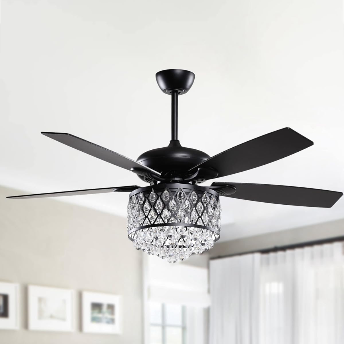 Parrot Uncle Ceiling Fans with Lights and Remote, 52 Inch Black Chandelier Ceiling Fan with Light for Bedroom, Modern Crystal Lighting Ceiling Fans with 5 Blades Reversible Airflow, 3 Speeds, ETL