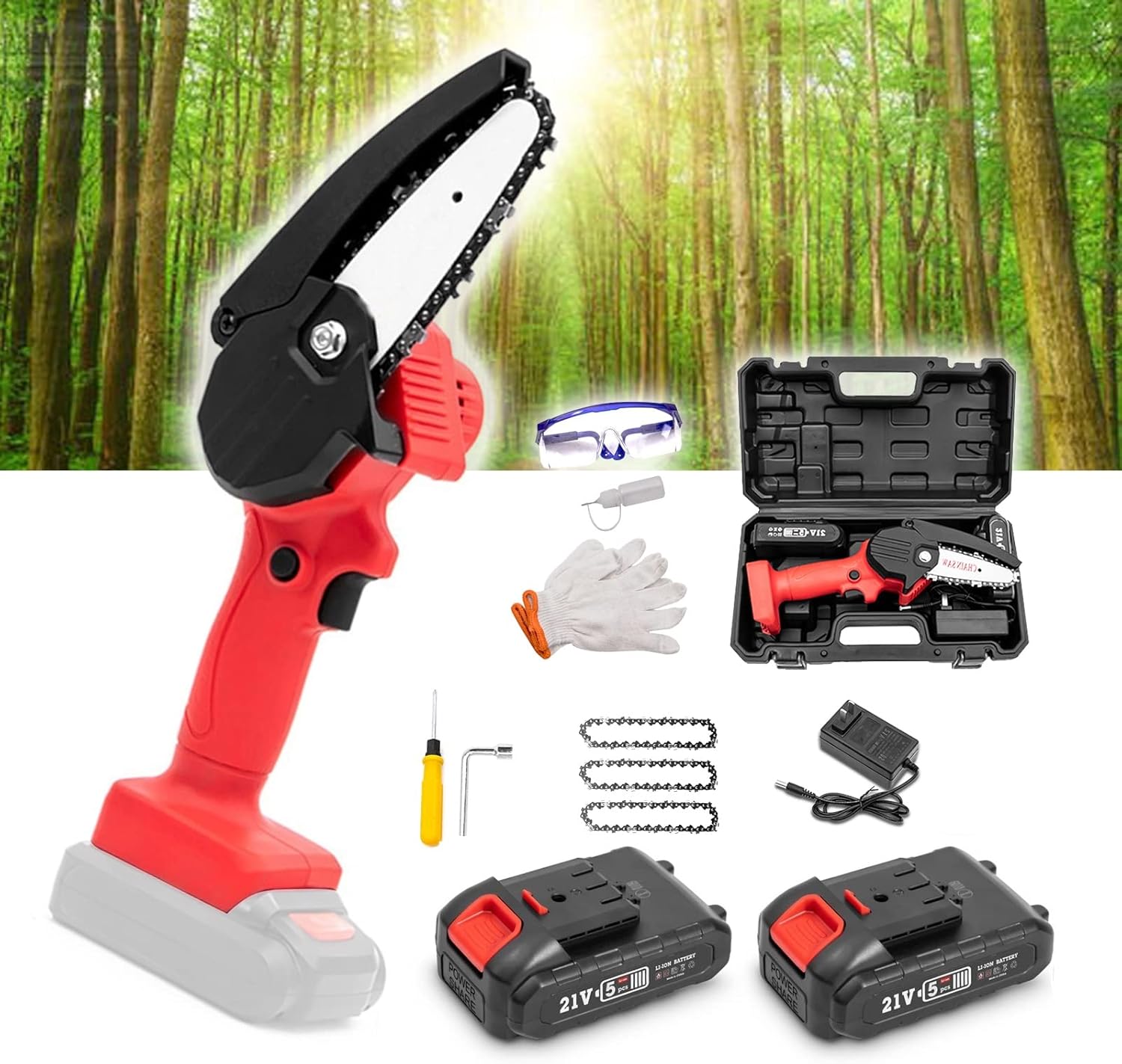 Portable Handheld Mini Chainsaw 4-Inch with Security Lock,Power Chain saws with 1500mAh 21V 1.5Ah 2 Batteries Powered Kit and 4Pcs Chains,for Tree Trimming Branch Wood Cutting
