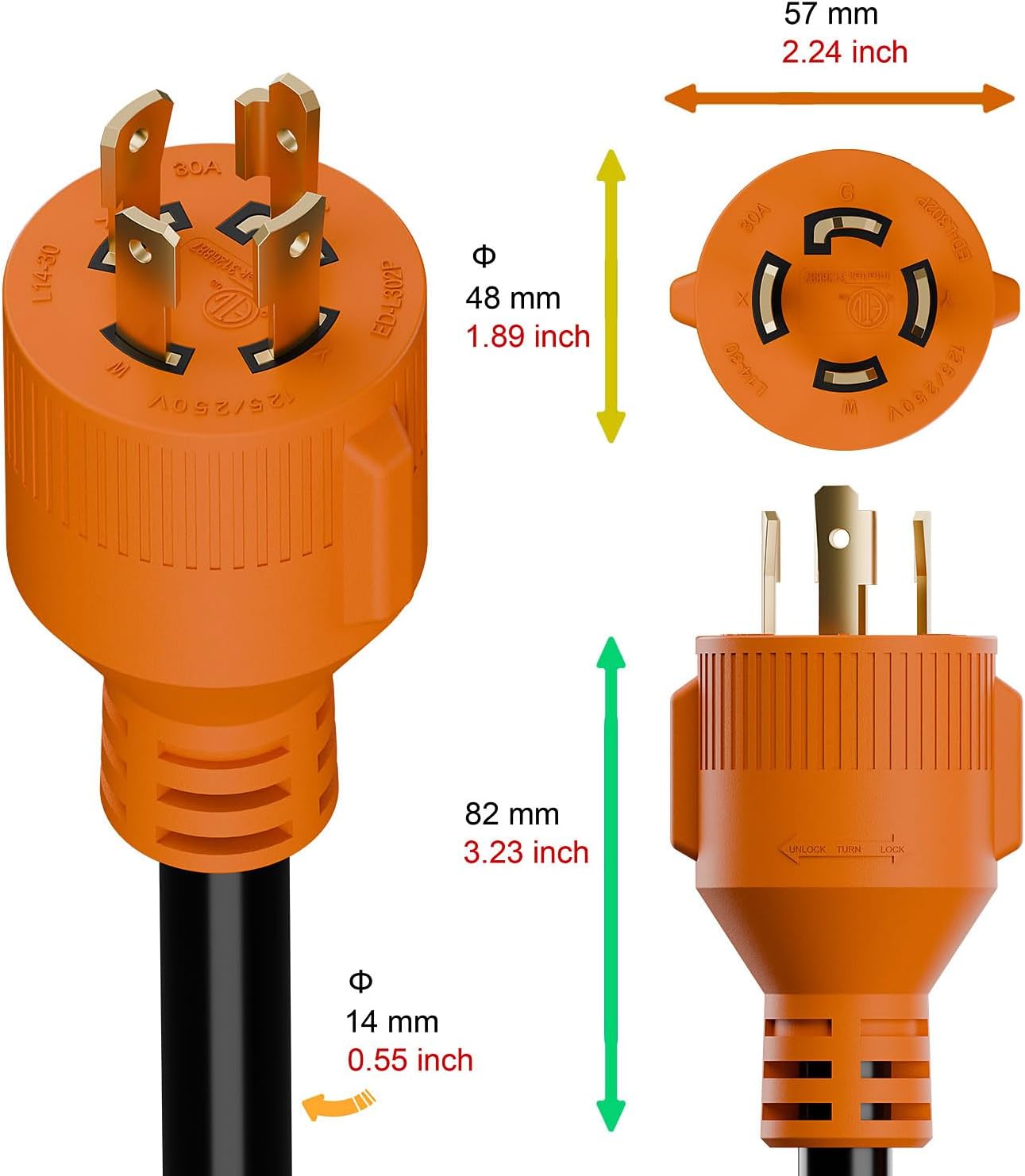 Nema L14-30P Waterproof RV 30Amp Power Inlet Box and L14-30P Extension Cable 25FT, ETL Listed 30A Generator Power Inlet, Outdoor use L14-30 30A 125V 3750W Inlet Box with LED Light AC0068