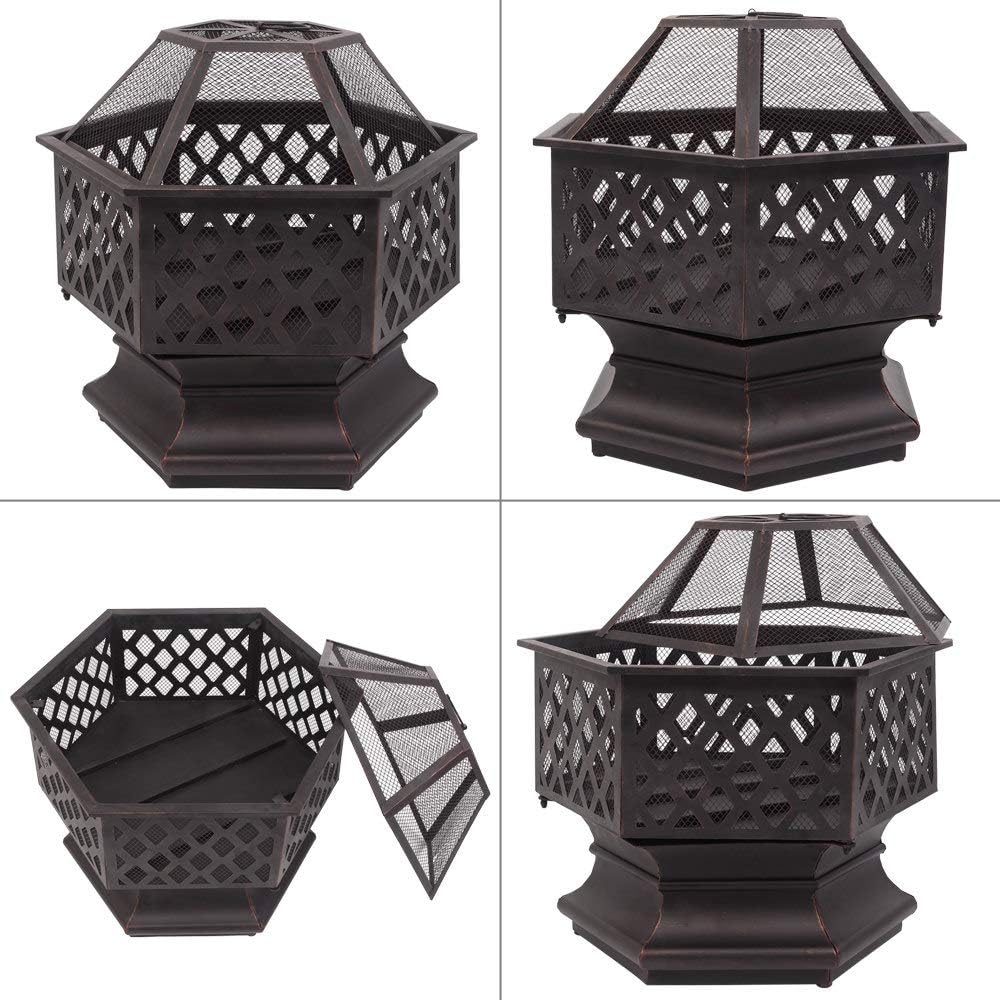 Outdoor Fire Pit 26 inch Hexagonal Patio Firepit Wood Burning Fireplace Portable Metal Fire Bowl with Mesh Screen Cover for Camping Picnic Bonfire Backyard Garden, black