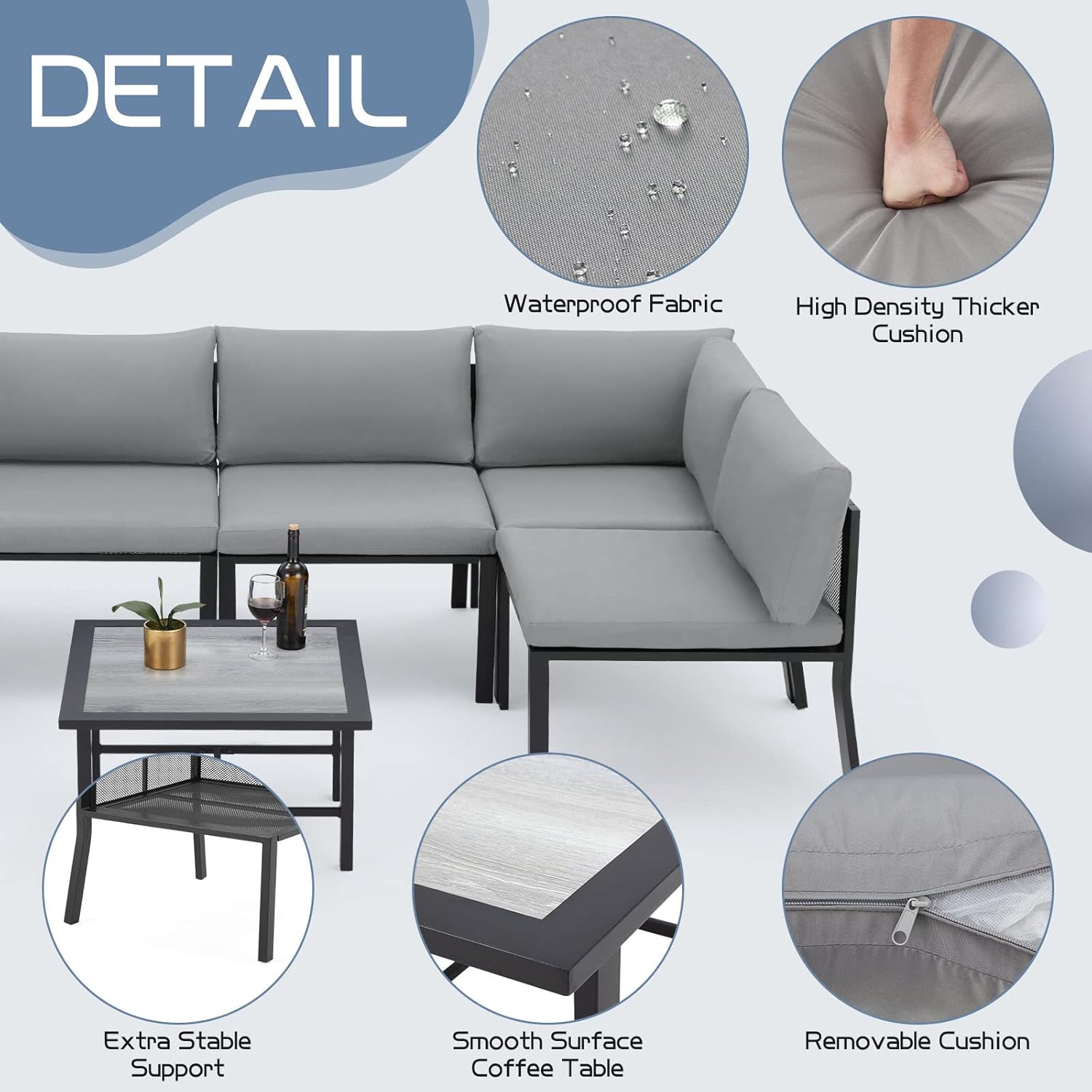 AECOJOY 7 Pieces Patio Furniture Set, Metal Mesh Fabric Outdoor Conversation Sets with Cushions and Wooden Table, Metal Outdoor Sectional Furniture for Garden Backyard, Balcony, Lawn(Grey)