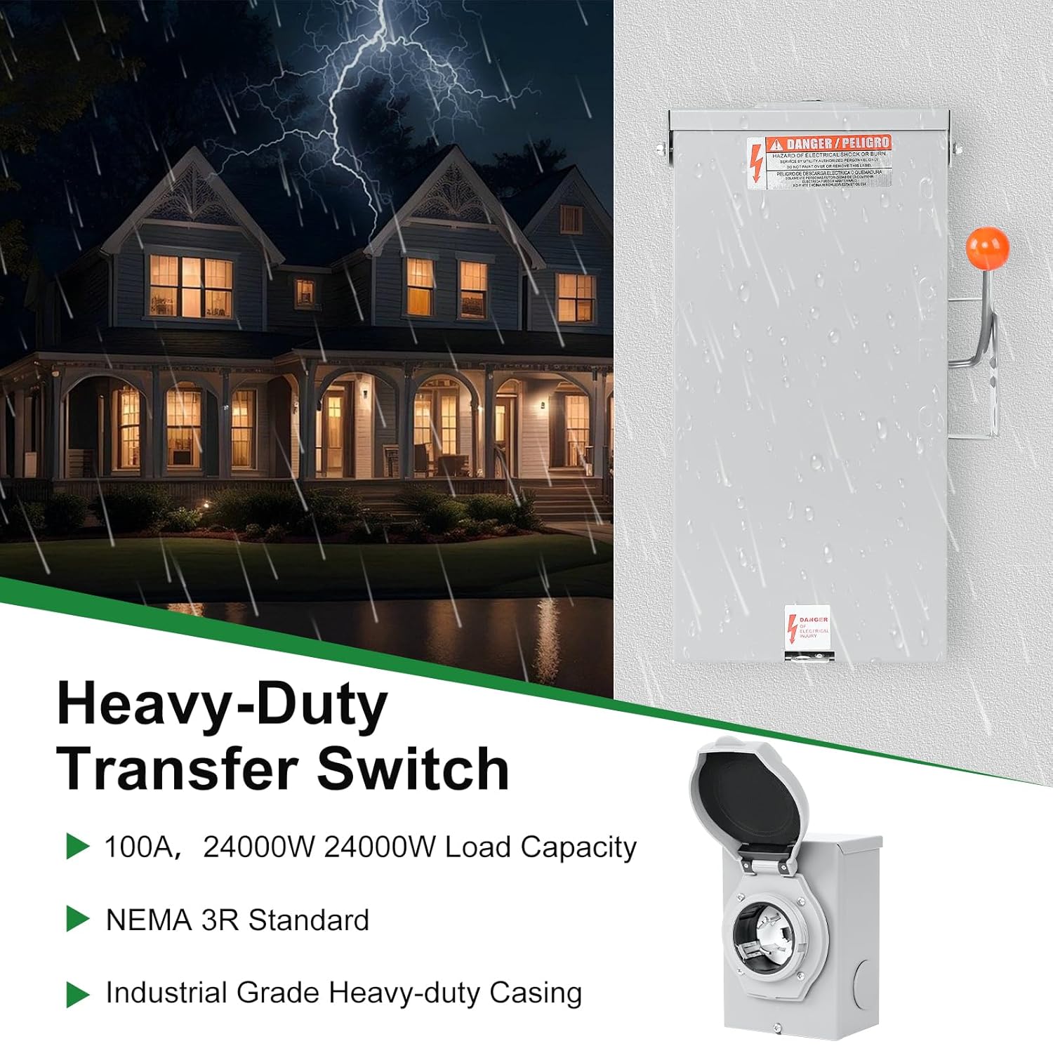 50 AMP Generator Transfer Switch Kit，Pre-Drilled,Twist Lock Connector,Include 100 Amp Transfer Switch，50 Amp SS2-50P Inlet Box&15 FT 50 Amp L14-50P Cord,Twist Lock Connector,Outdoor and Indoor