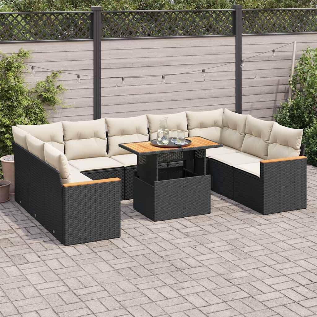 10-Piece Black PE Rattan Garden Sofa Set with Adjustable Armrests, Modular Outdoor Furniture for Patio and Terrace, Durable Acacia Wood Frame with Washable Cushions