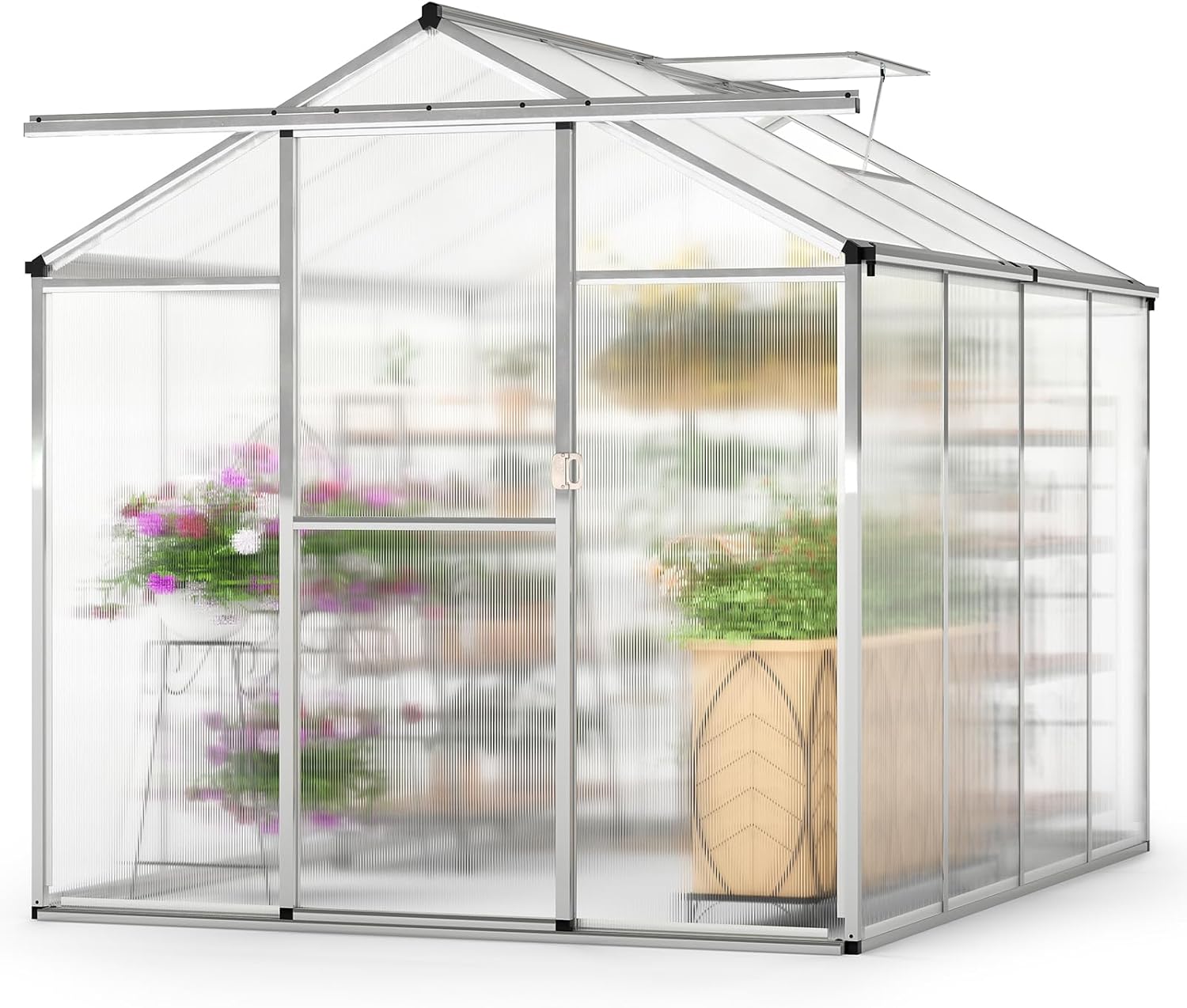 Giantex 6x8x6.5FT Greenhouse, Outdoor Large Walk-in Green House w/ Rain Gutter, Polycarbonate Panels, Adjustable Roof Vent, Sliding Door, Heavy-Duty Aluminum Garden House