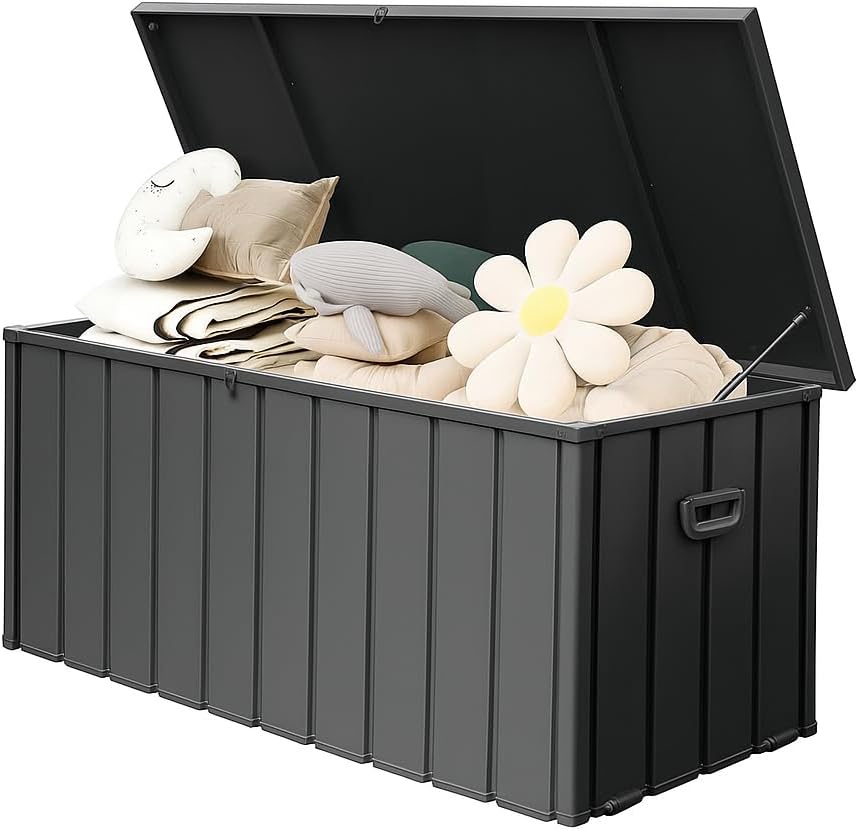 190 Gallon Metal Deck Box, Waterproof Steel Outdoor Box, Large Patio Furniture Storage Cabinet, Lockable Storage Bench for Porch Package Delivery, Pillows, Cushions, Pool, Tools, Backyard (Dark Gray)
