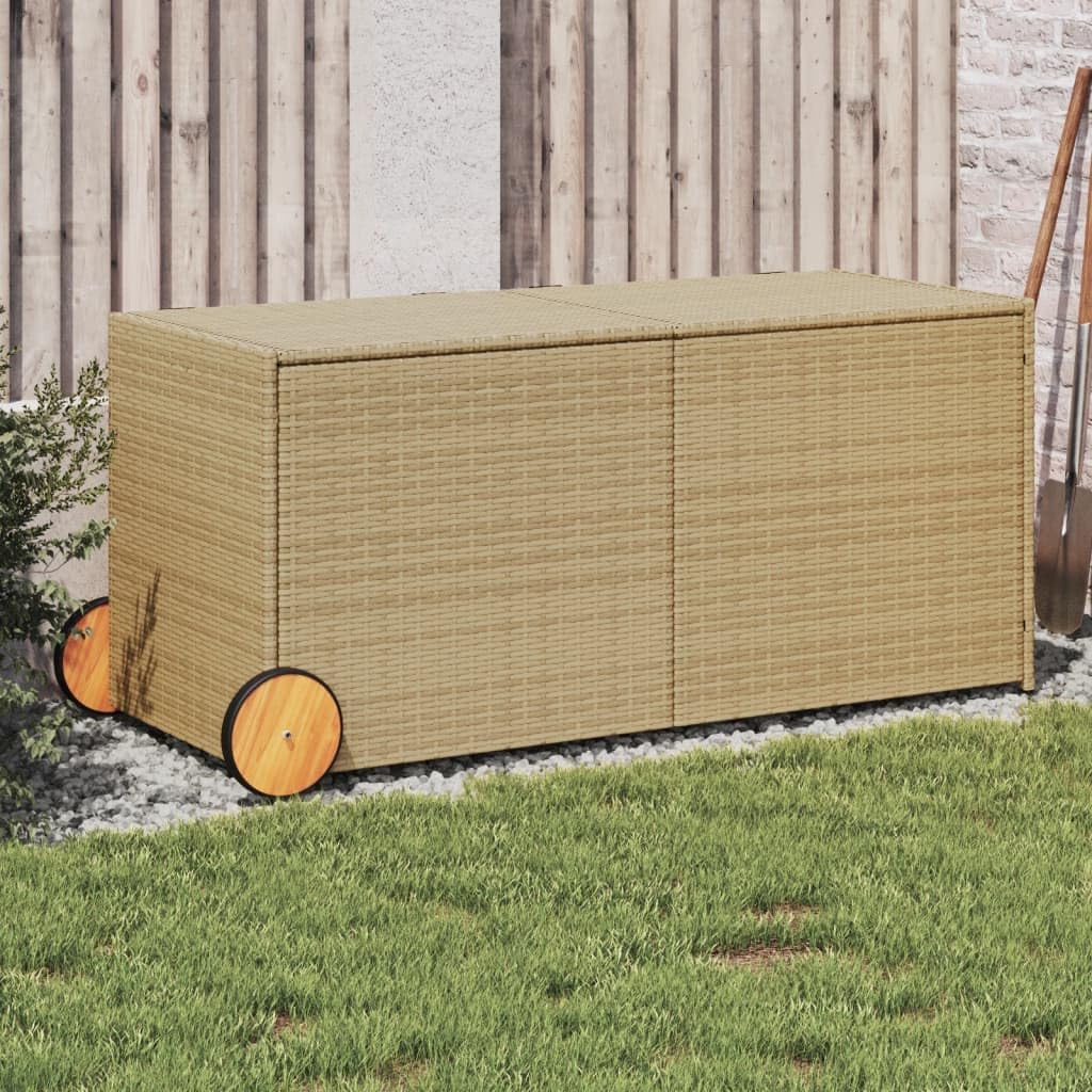 74.8 Gal Outdoor Storage Box with Wheels, Patio Rattan Deck Box, Wicker Garden Storage Bin Deck Box, Poly Rattan Patio Storage Chest with Hinged Lid, 50