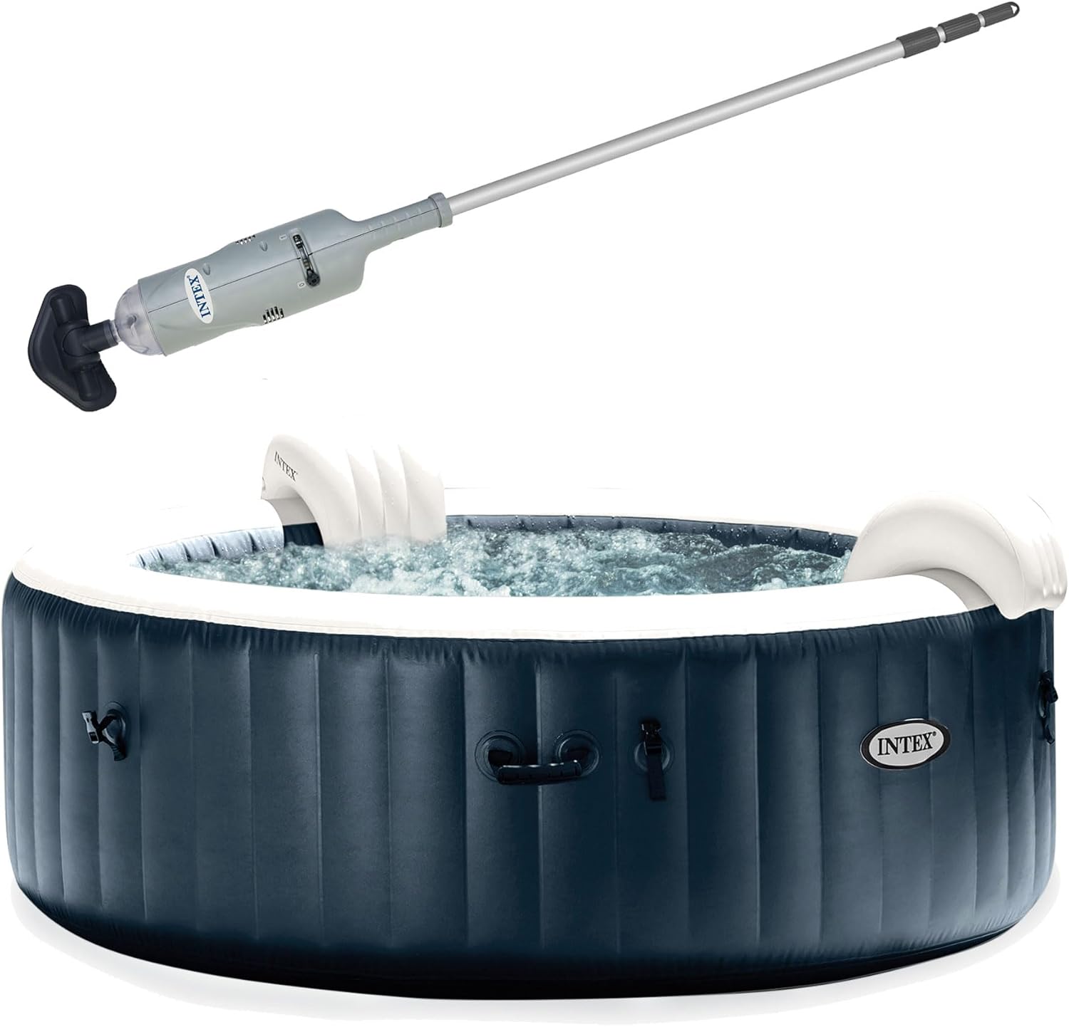 Intex Rechargeable Handheld Above Ground Pool Vacuum Cleaner with Brush Heads and PureSpa 6 Person Bubble Massage Inflatable Hot Tub Spa, Cobalt Blue