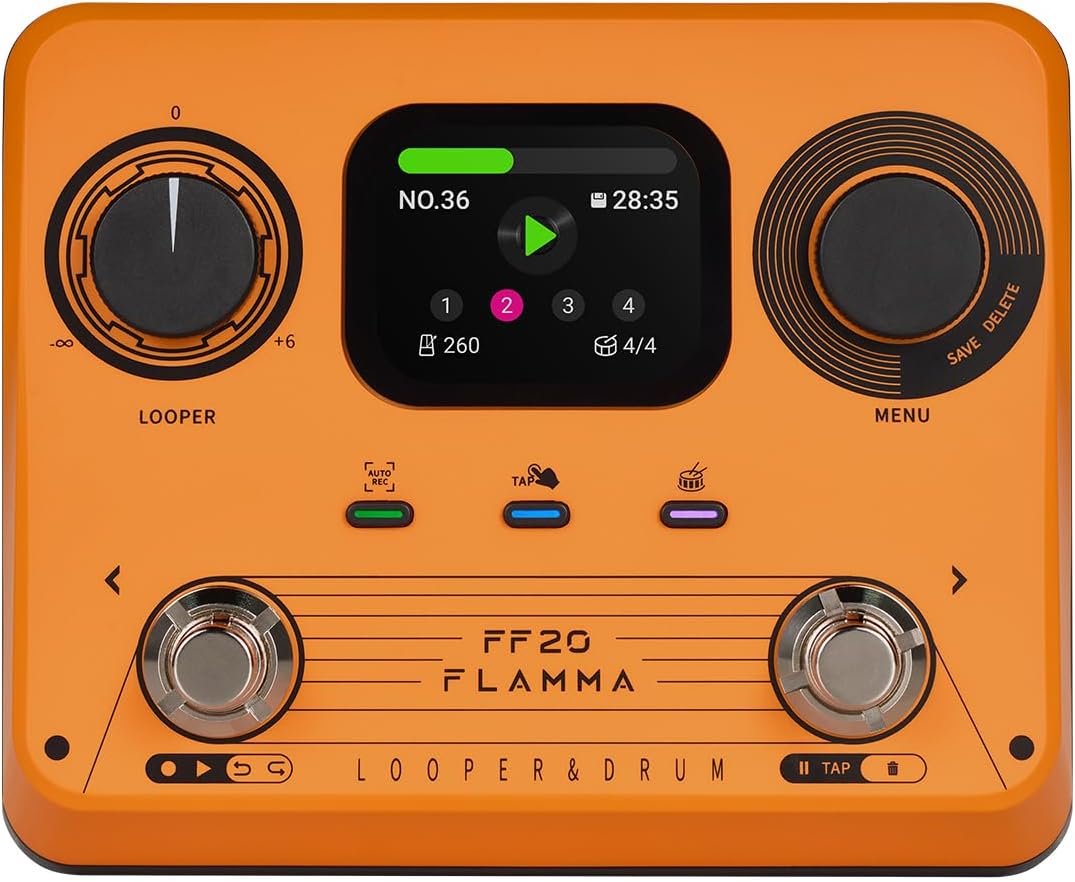 FLAMMA FF20 Looper Pedal Drum Machine, Drum Looper Guitar Pedal with Screen, 300 Min Recording, 220 Drum Grooves, 100 Loop Slots, Time Stretch, Auto Record, USB & Headphone Out, for Guitar and Bass
