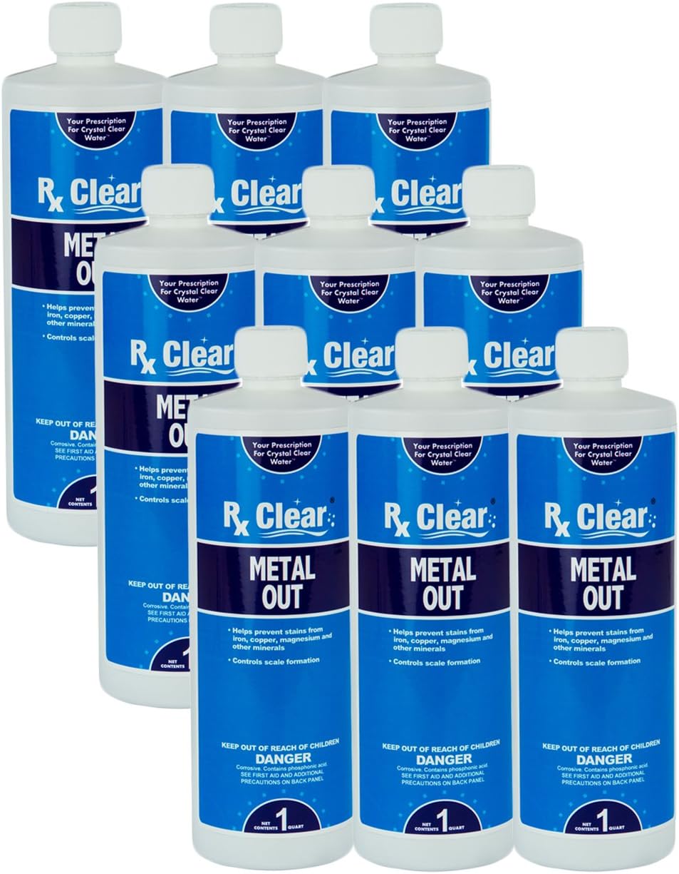 Rx Clear Metal Out | Prevent Staining, Discoloring and Scale Buildup on Surfaces | Chelate Complex Minerals from Swimming Pools | Strong Concentrated Formula | 1 Quart Bottles | 9 Pack