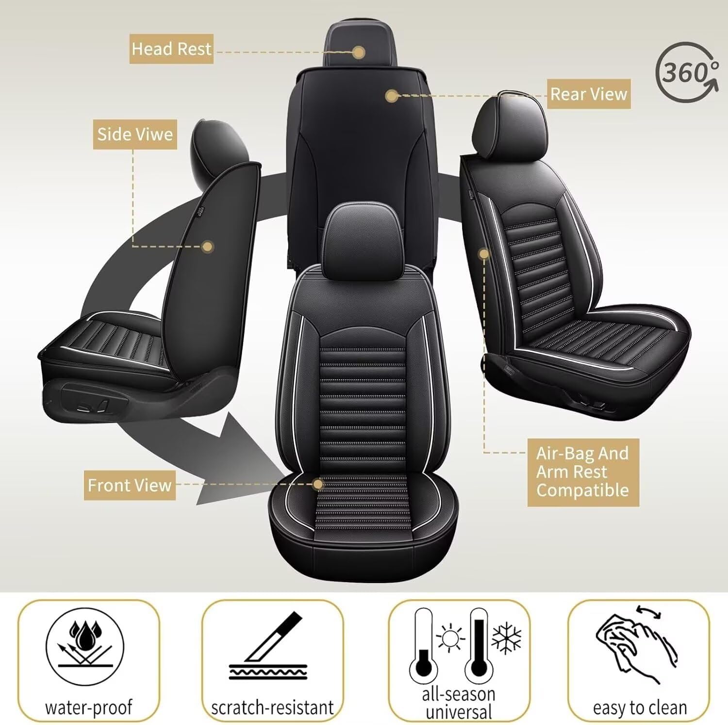 Car Seat Cover Fit for Jeep Cherokee 2014-2024 Faux Leather Full Set 5 Seats Waterproof Seat Cushion Automotive Interior Accessories(White Line)