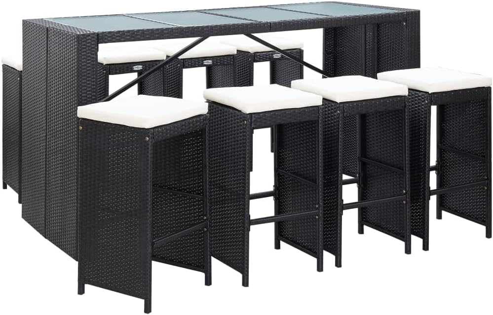 9 Piece Patio Bar Set Poly Rattan Black,Stunning Black Outdoor Patio Bar Set with Comfortable Cushions for Entertaining Furniture Sets for Patio, Lawn & Garden
