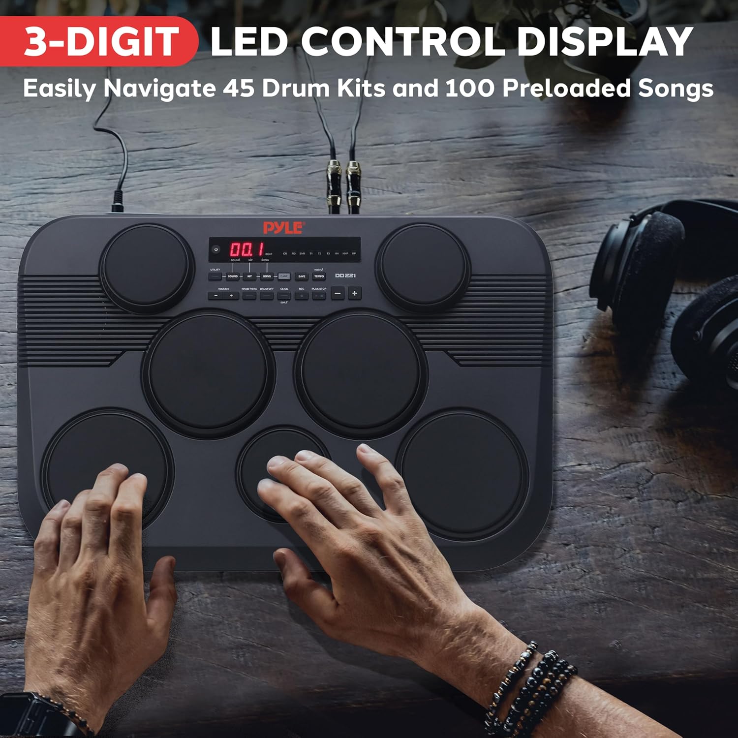 Pyle Electronic Tabletop Digital Drum Set, Compact Portable Drum Pad Kit w/ 7 Touch Sensitive Drum Pads and Pedals, 273 Sounds, USB & Headphone Outputs, MIDI/AUX Inputs, 4x5” Drums & 3x3.5” Cymbals