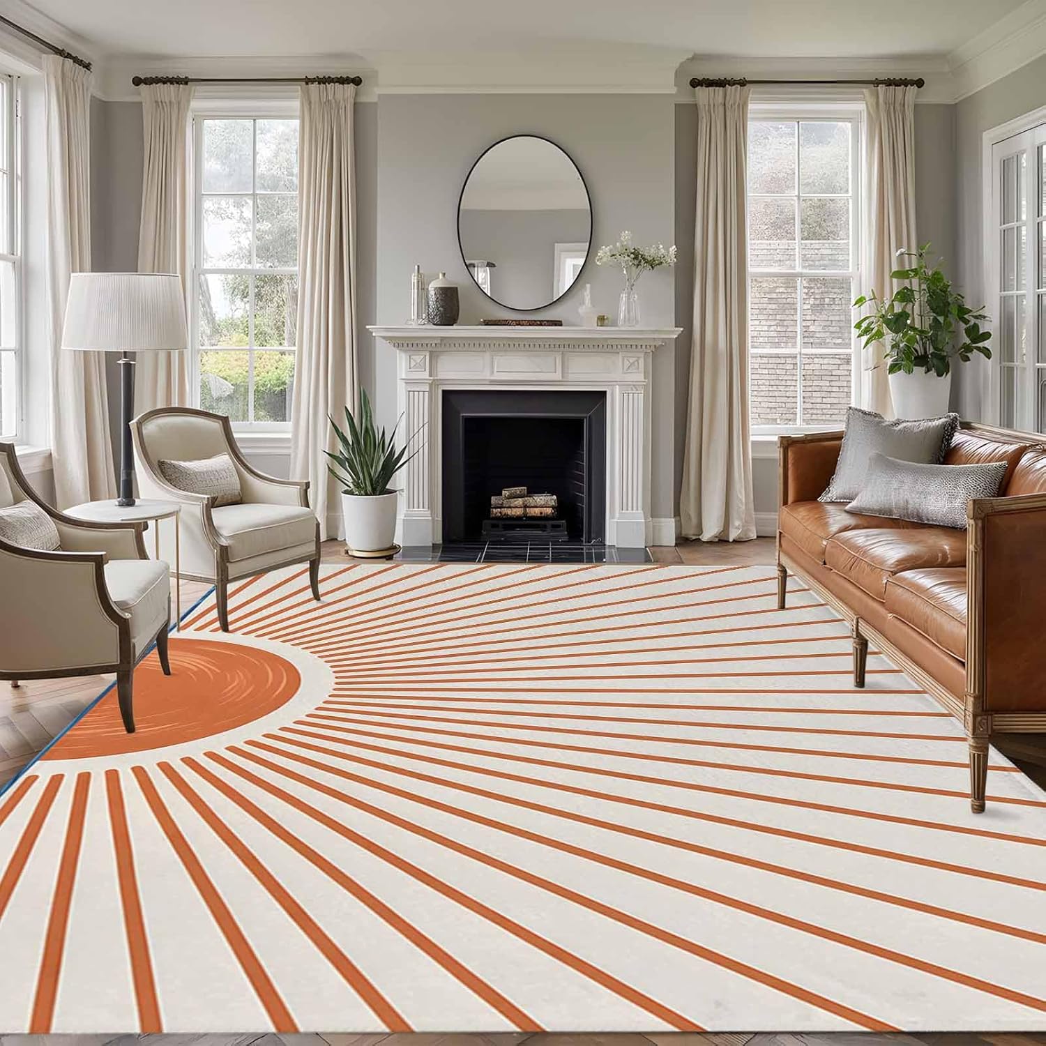 Large Area Rug 8'x10',Sunlight Lines Non-Slip Runner Carpet for Living Room/Bedroom/Office,Orange Sunset Abstract Striped Art Outdoor Indoor Rectangle Area Rug Floor Mat for Kitchen/Dining Room