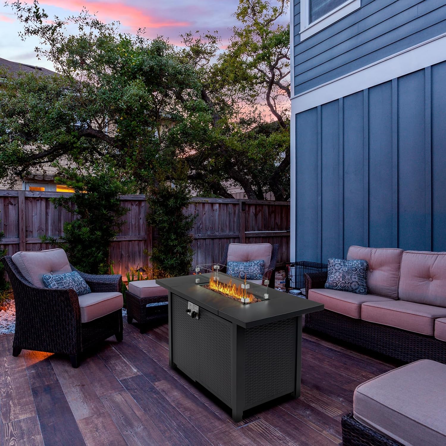 Propane Fire Pits,Outdoor Gas Fire Pit Table,Wicker Patio Propane Fire Pit,Steel Fire Table with Lid and Lava Rock,Tempered Glass Wind Guard for Outside Garden Backyard Deck Patio (43