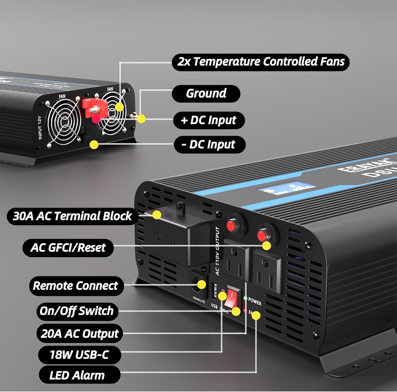 Erayak 3000W/6000W Pure Sine Wave Inverter 12V DC to 110V 120V AC Converter for Home, RV, Truck, Off-Grid Solar Power Inverter with 18W USB-C, AC Hardwire Port, 6m Remote Controller