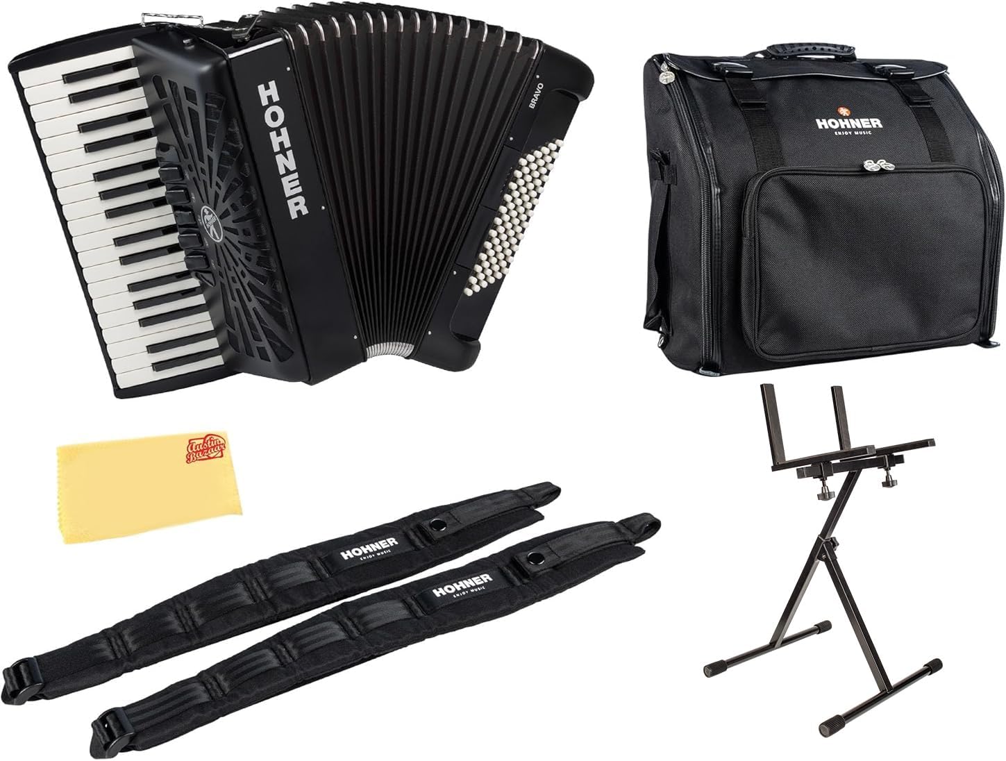Hohner Bravo III 72 Chromatic Piano Key Accordion - Black Bundle with Gig Bag, Stand, Adjustable Straps, and Austin Bazaar Polishing cloth
