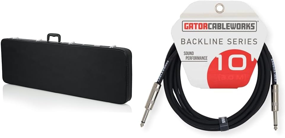 Gator Cases Hard-Shell Wood Case for Electric Bass Guitars + Cableworks Backline Series 10ft Instrument Cable
