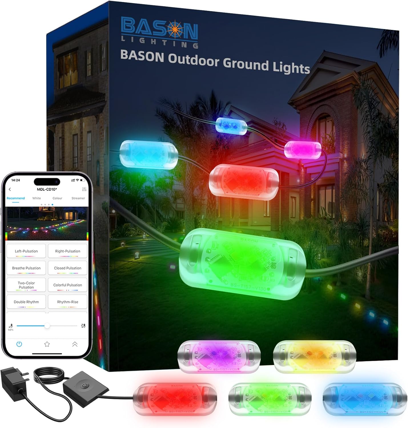 BASON LIGHTING Smart RGB Outdoor Ground Lights, IP65 24V Voltage Pathway Lights, Yard Decorations Light, 30 Pack, App Control Walkway Lights for Garden Lawn with 48 Scene Modes with Music Sync.