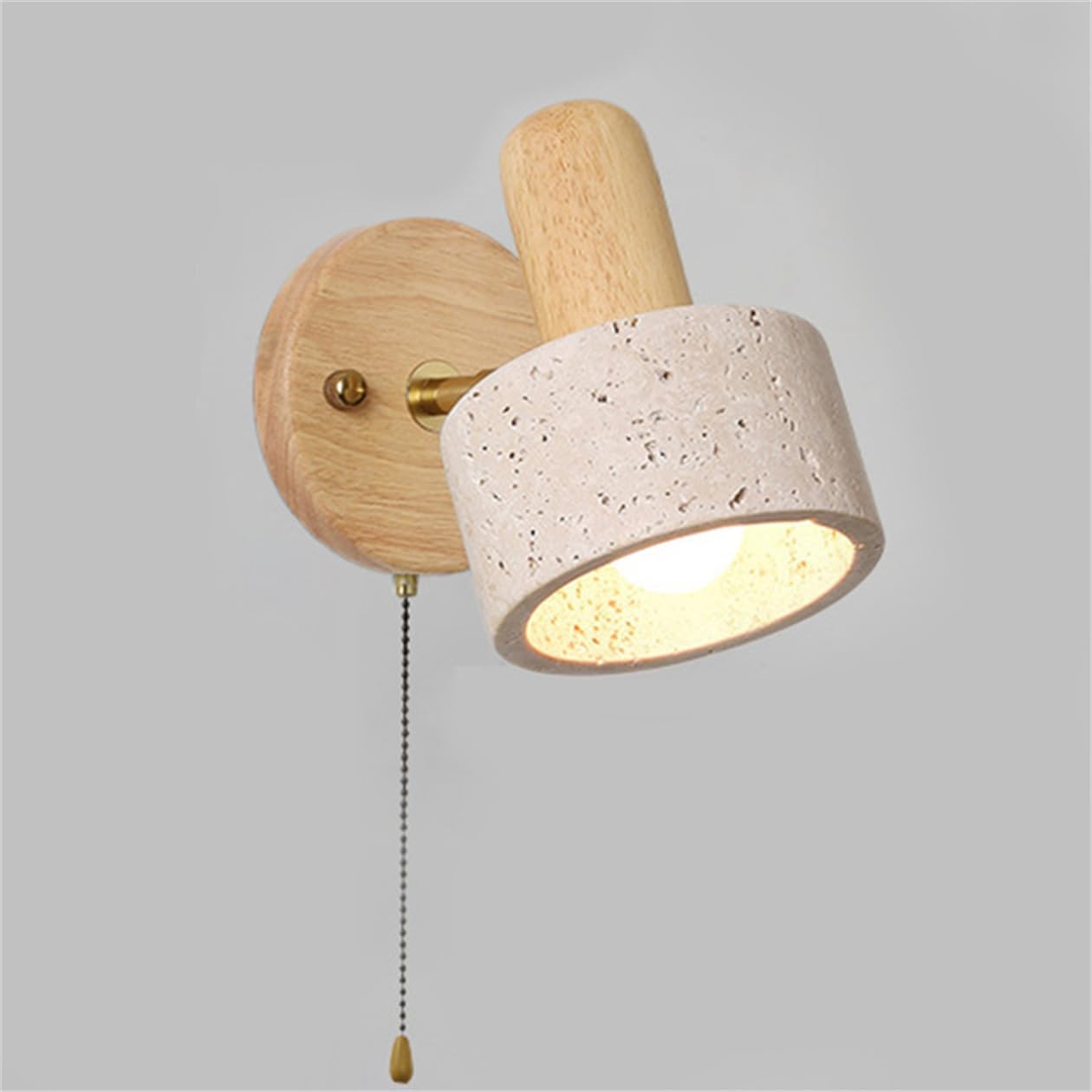 Modern Wood Wall Sconce with Natural Travertine Stone Shade Entryway Accent Lighting Fixture with Pull Chain Minimalist Hardwired Sconce for Bedroom Bedside, Dining Room