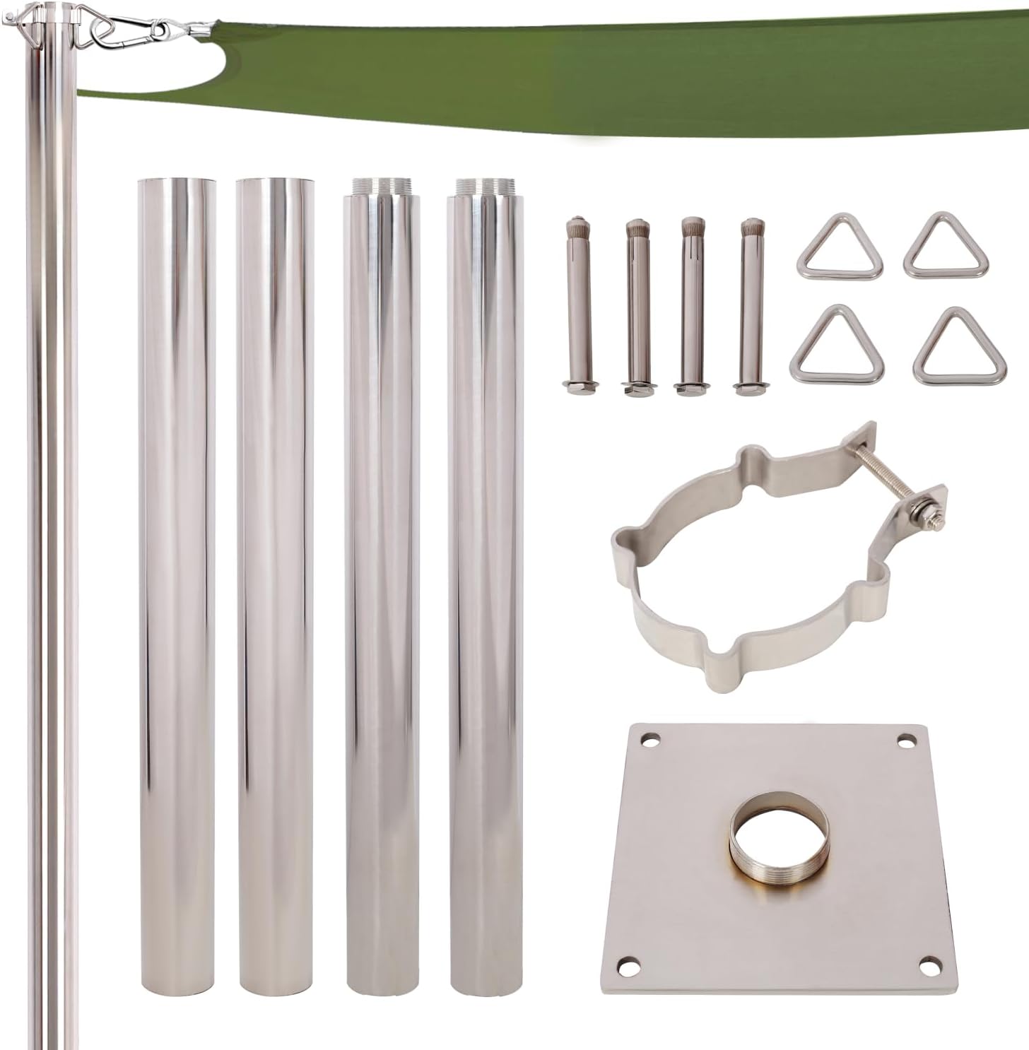 12FT Heavy Duty Stainless Steel Canopy Pole with Base Plate Silver Outdoor System Garden, Yard, Patio, Playground Weather-Resistant