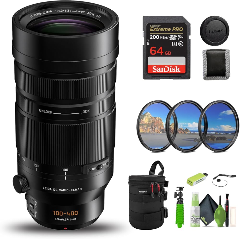 Panasonic Leica DG Vario-Elmar 100-400mm f/4-6.3 II ASPH. Power O.I.S. Lens Bundle with Extreme PRO 64GB Memory Card + Lens Case + Filter Kit + Vlogging Tripod and More Accessories