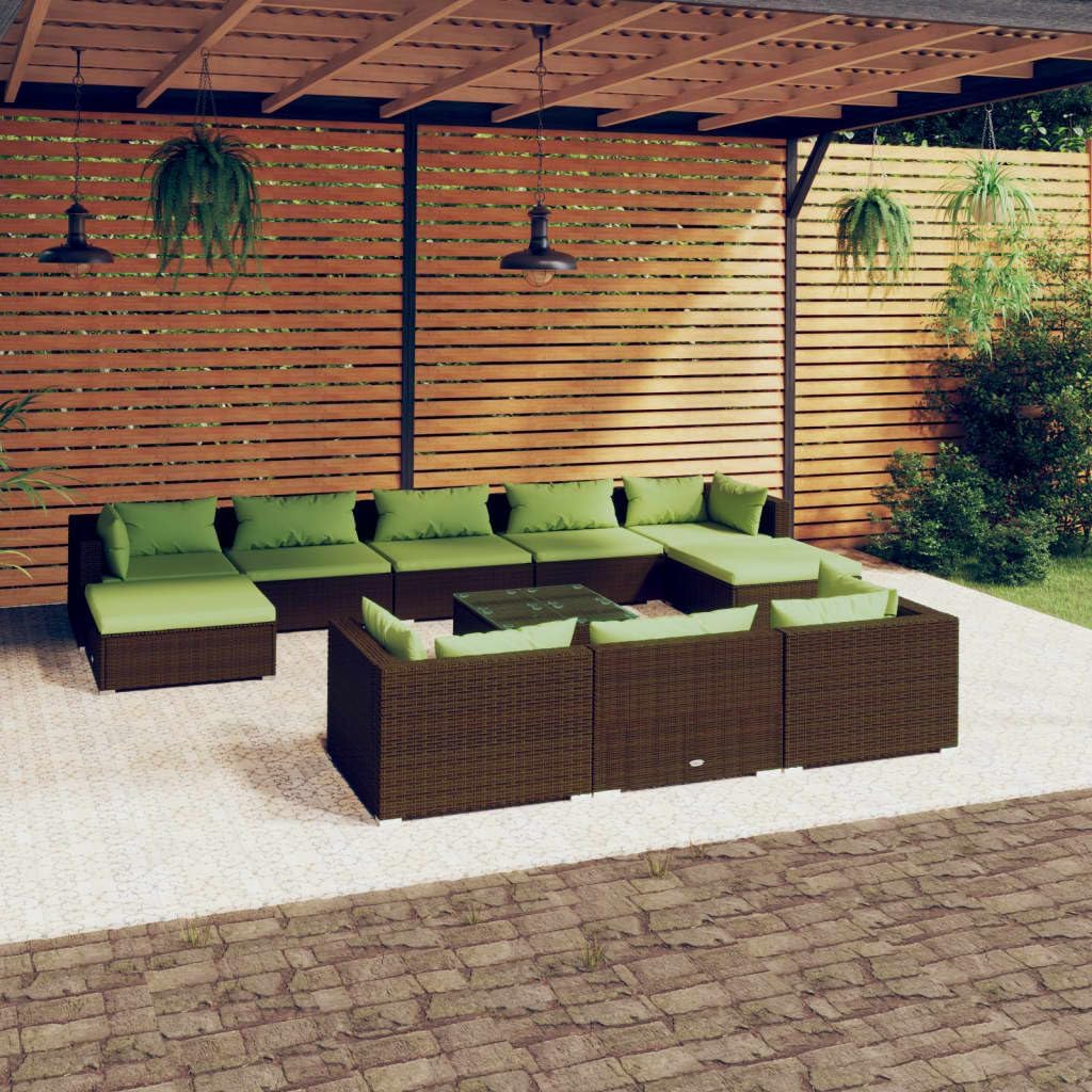 11 Piece Patio Lounge Set with Cushions Brown Poly Rattan,Modular Patio Lounge Set with Green Cushions and Coffee Table for Outdoor Relaxation Patio Furniture, Outdoor Furniture Sets
