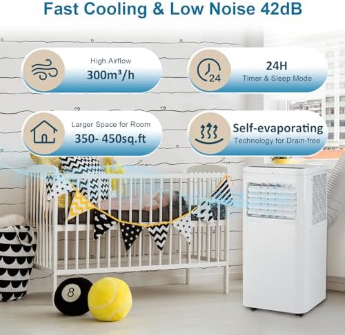 10,000 BTU Portable Air Conditioner,Cools Up to 450 Sq. Ft,Quiet Cooling AC Unit with Built-In Dehumidifier & Fan Modes, Remote, 24 Hour Timer, Installation Kit, White