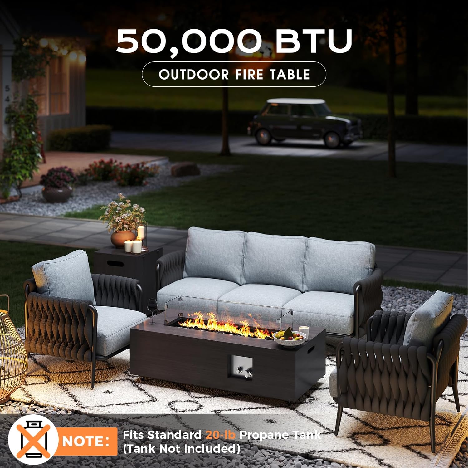 42in Fire Pit Table Propane Fire Pit 2 Piece Rectangular Gas Fire Pits 50,000 BTU with Wind Guard Propane Tank Cover Table Lava Rocks for Outdoor Outside Patio
