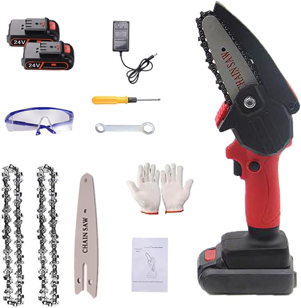 Mini Chainsaw, 4-Inch Battery Powered Cordless Chainsaw, Portable One-Handed Rechargeable Electric Chainsaw for Tree Trimming Branch Wood Cutting (Color : Red, Battery *1 : 2*Chain)