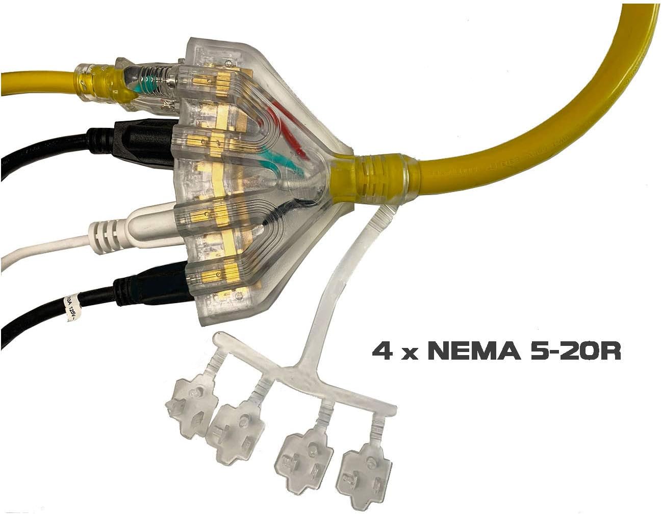 50Ft L14-30P to Four 5-20R, 4 Prong Generator Distribution Extension Power Cord, 30 Amp 125/250V 7500 Watts, 10 Gauge SJTW Cable… (50 FT)