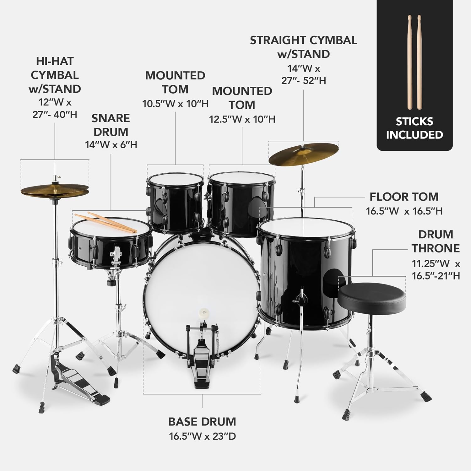 Best Choice Products 5-Piece Full Size Complete Adult Drum Set w/Cymbal Stands, Stool, Drum Pedal, Sticks, Floor Tom - Black