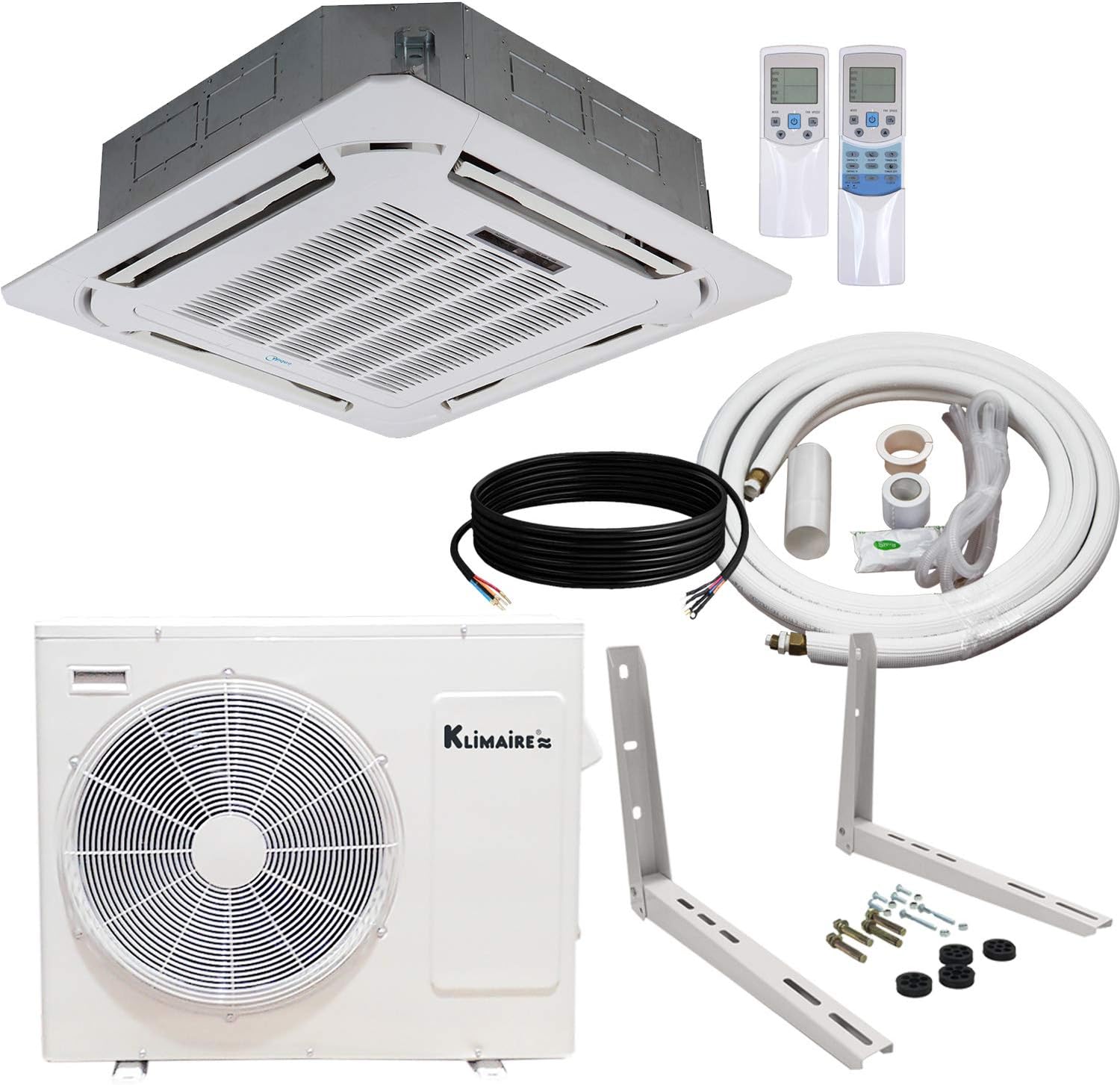 Klimaire 18,000 BTU Light Commercial Ceiling Cassette Inverter Heat Pump System with Installation Kit and Wall Mounting Bracket (208-230V)