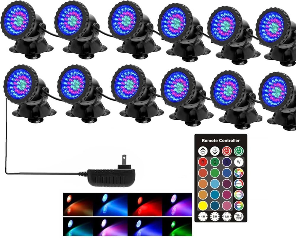 SHOYO Pond Lights, Underwater RGB Fountain Lights Colored Spotlights with Timer Submersible Memory Dimmable IP68 Waterproof for Outdoor Garden Yard Lawn Water Pond Fountain (Set of 12)