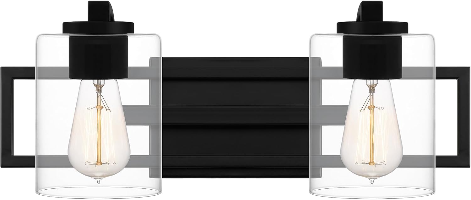 Quoizel Lansdowne Modern Bath Vanity Lights,18.25 Inch 2-Light Matte Black Lighting Fixtures Over Mirror, Clear Glass Shade, 100W, Decorative Wall Light for Bathroom, Dresser, Kitchen or Hallway