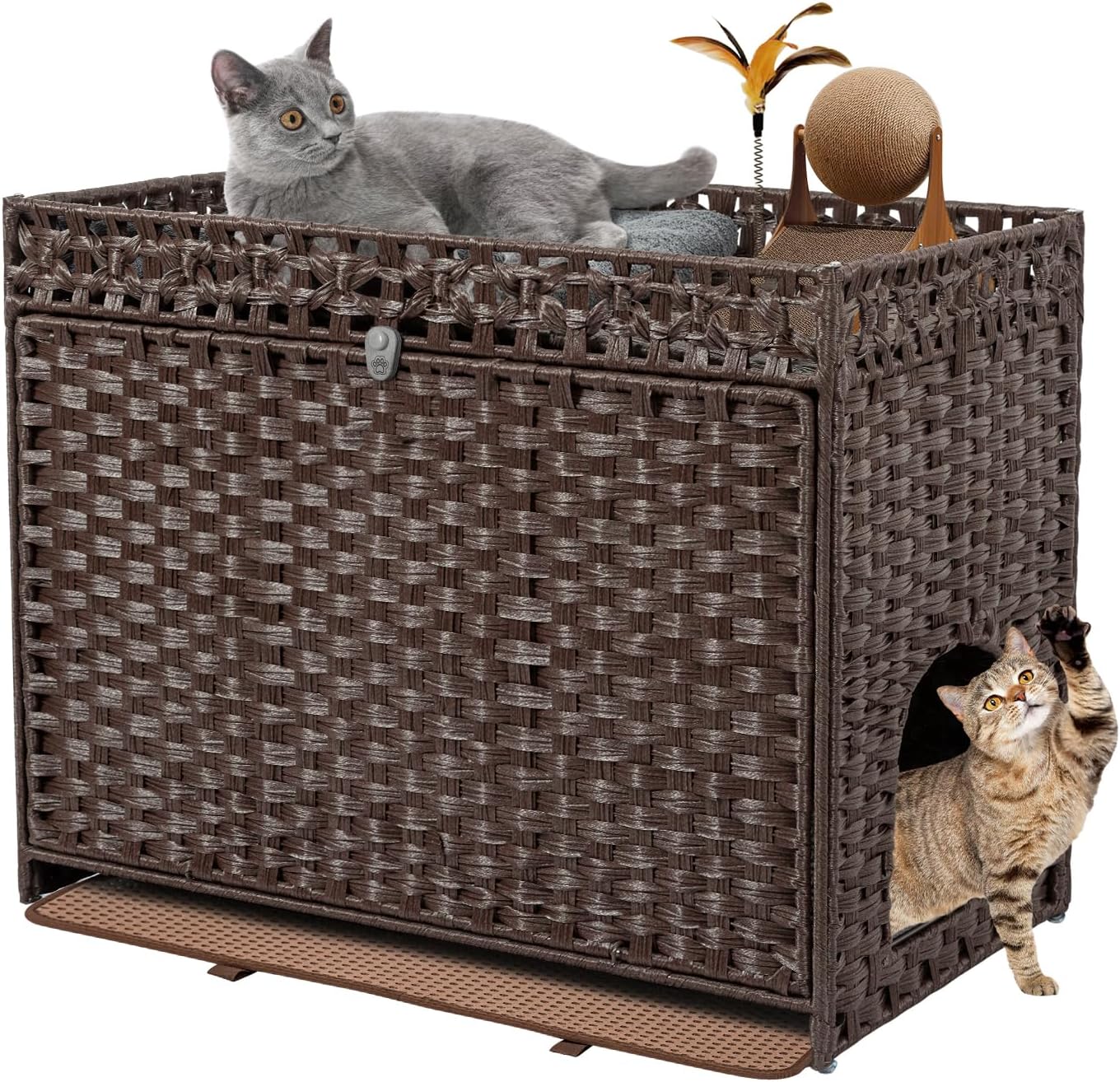 Cat Litter Box Enclosure Furniture Hidden, Pet House Litter Box Furniture for Large Cats, Handwoven Rattan with Door Cat Washroom Box, Indoor Cat House Storage with Soft Litter Mat, Brown