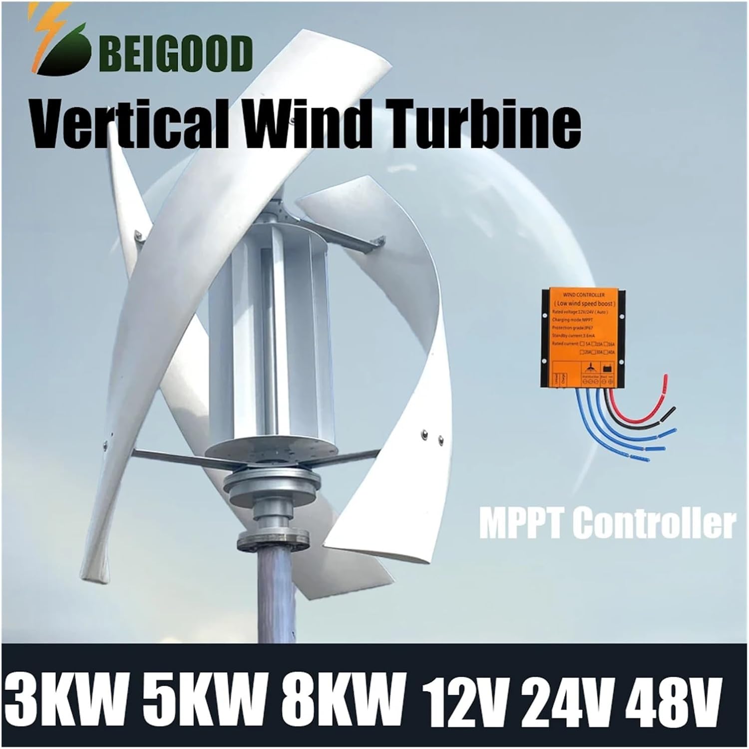10KW Vertical Axis Wind Turbine Generator for Home, Farm & RVs - High Efficiency 12V/24V/48V/96V, Ideal for Sustainable Energy Solutions,N