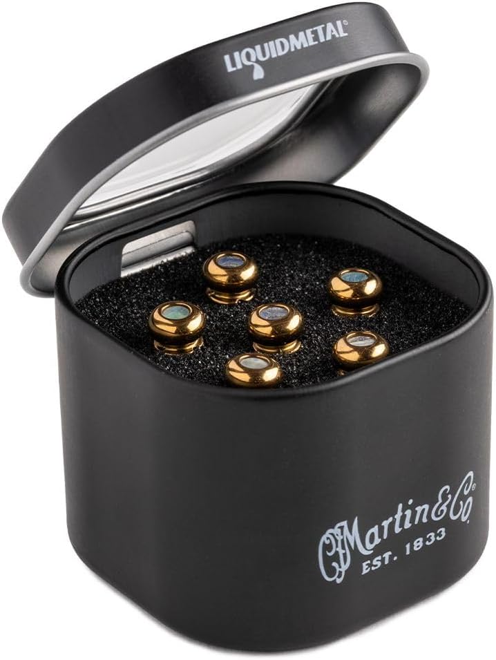 LUXE BY MARTIN® Acoustic Guitar Bridge Pins – Gold with Pearl Inlay | Liquidmetal® Construction for Increased Volume and Sustain | Set of 6