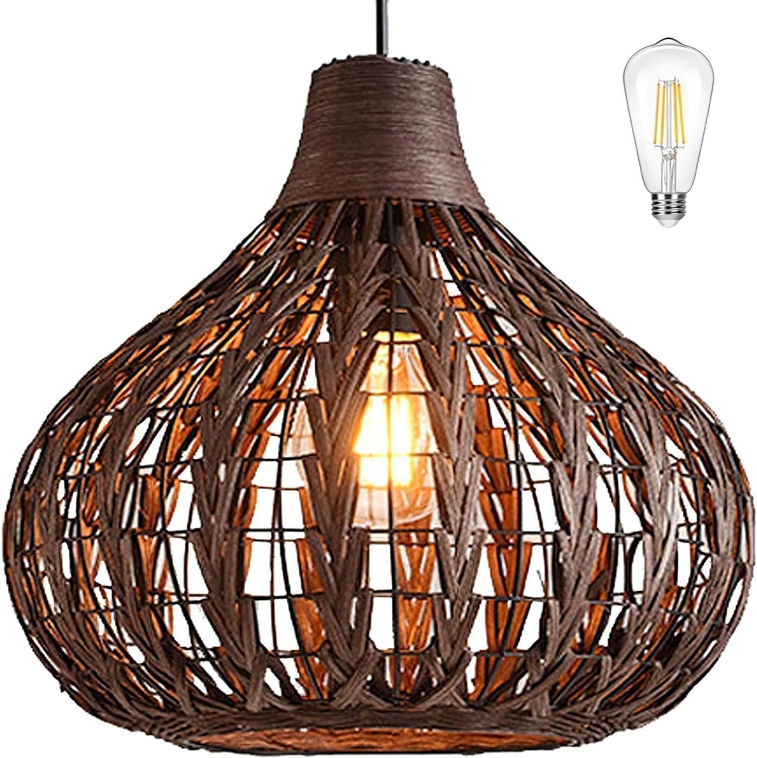Bamboo Chandelier Handwoven Rattan Pendant Light Wicker Lamp Shade Ceiling Light Fixture Weave Hanging Light D13.8INCH, 12W 2700K Corn Bulb Included